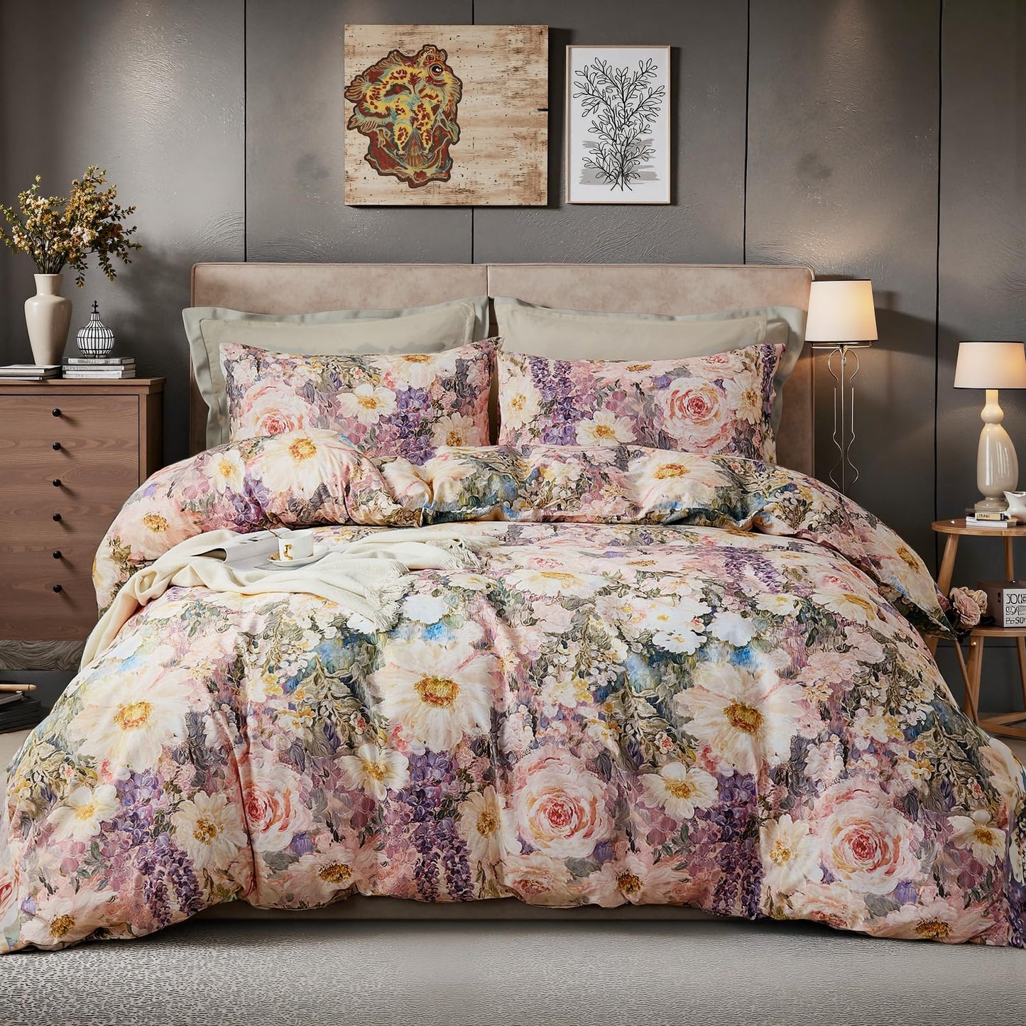 Cozaline 100% Cotton Duvet Cover King Size – Romantic Garden Impressionist Floral Duvet Cover Set with Zipper Closure, 3-Piece Luxury & Soft Bedding Set for All Seasons