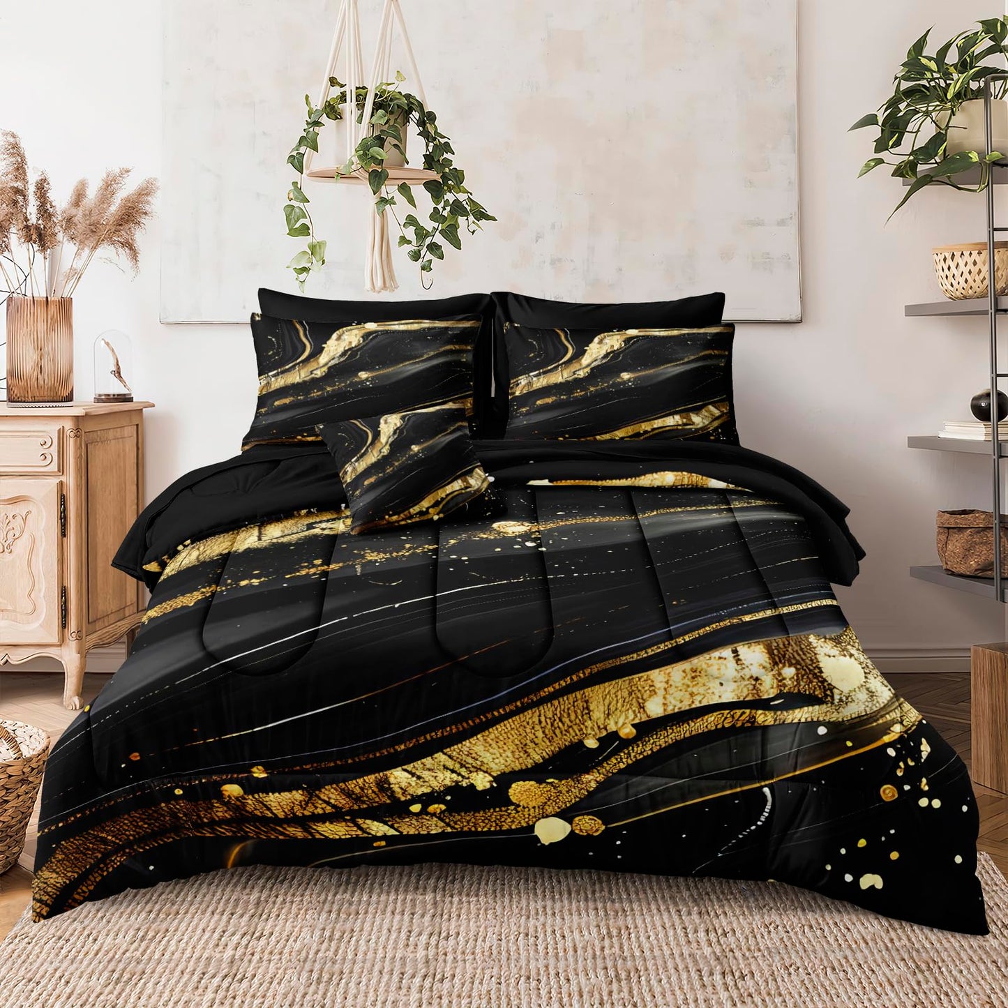 MOVE OVER 8 Pieces Black Gold Marble Bed in a Bag King Size Abstract Marble Textured Comforter Set with 1 Comforter 4 Pillowcases 1 Flat Sheet 1 Fitted Sheet 1 Cushion Cover