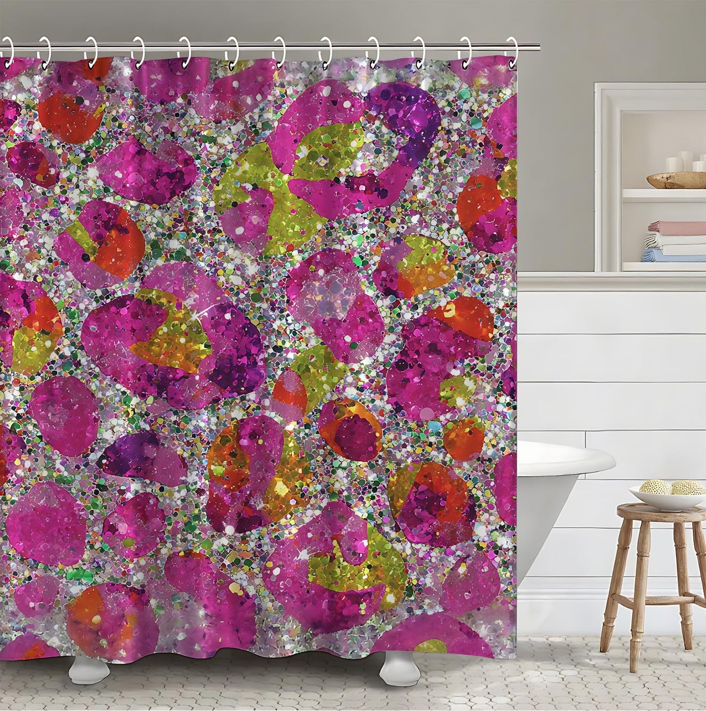 THISFIND Shower Curtain, Sparkly Glitter Floral with Silver Sequins Machine Washable Waterproof Fabric for Bathroom Decor Bathtub with 12 Hooks 72x72