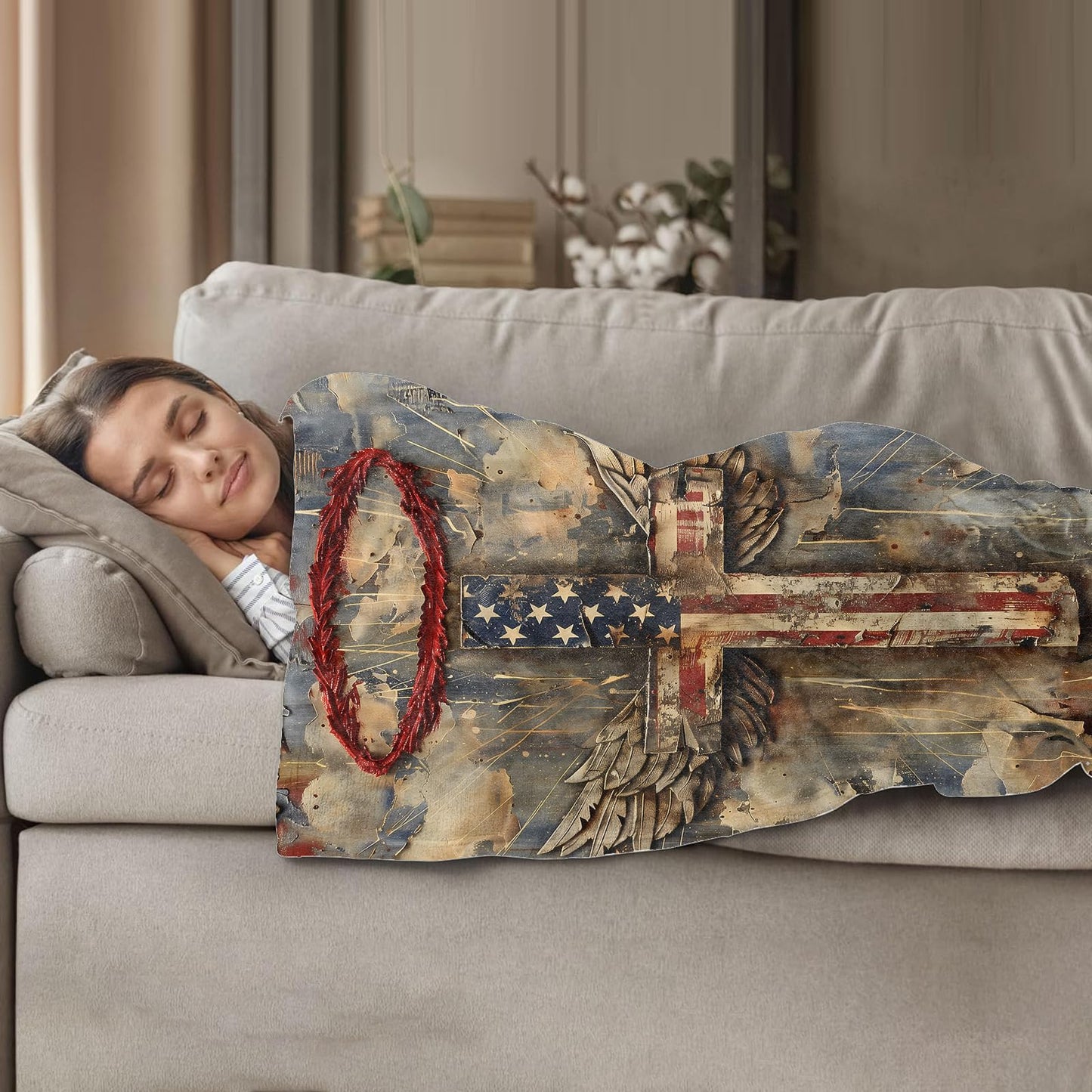 Plistiz Patriotic Angel Cross Throw Blanket 50"x60", American Flag Theme Blankets for Living Room Couch, Home, Sofa Decor, Soft Flannel Cross Gifts for Women