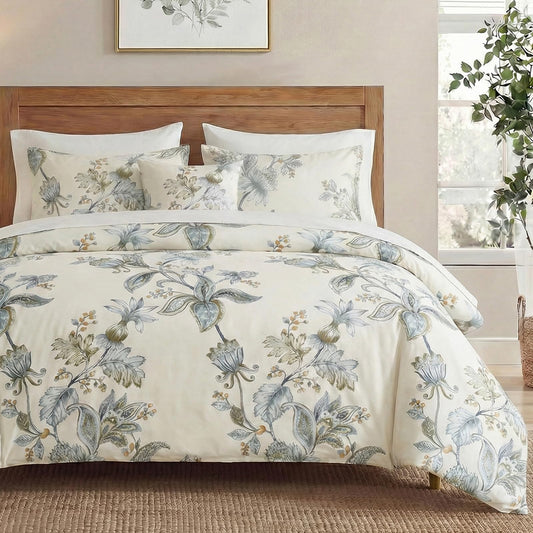 MOVE OVER 100% Cotton Duvet Cover Set Queen Size, Beige Green Botanical Floral Bedding Set with Zipper Closure & Corner Ties, Soft Breathable Vintage Flower Duvet Cover Set for All Seasons