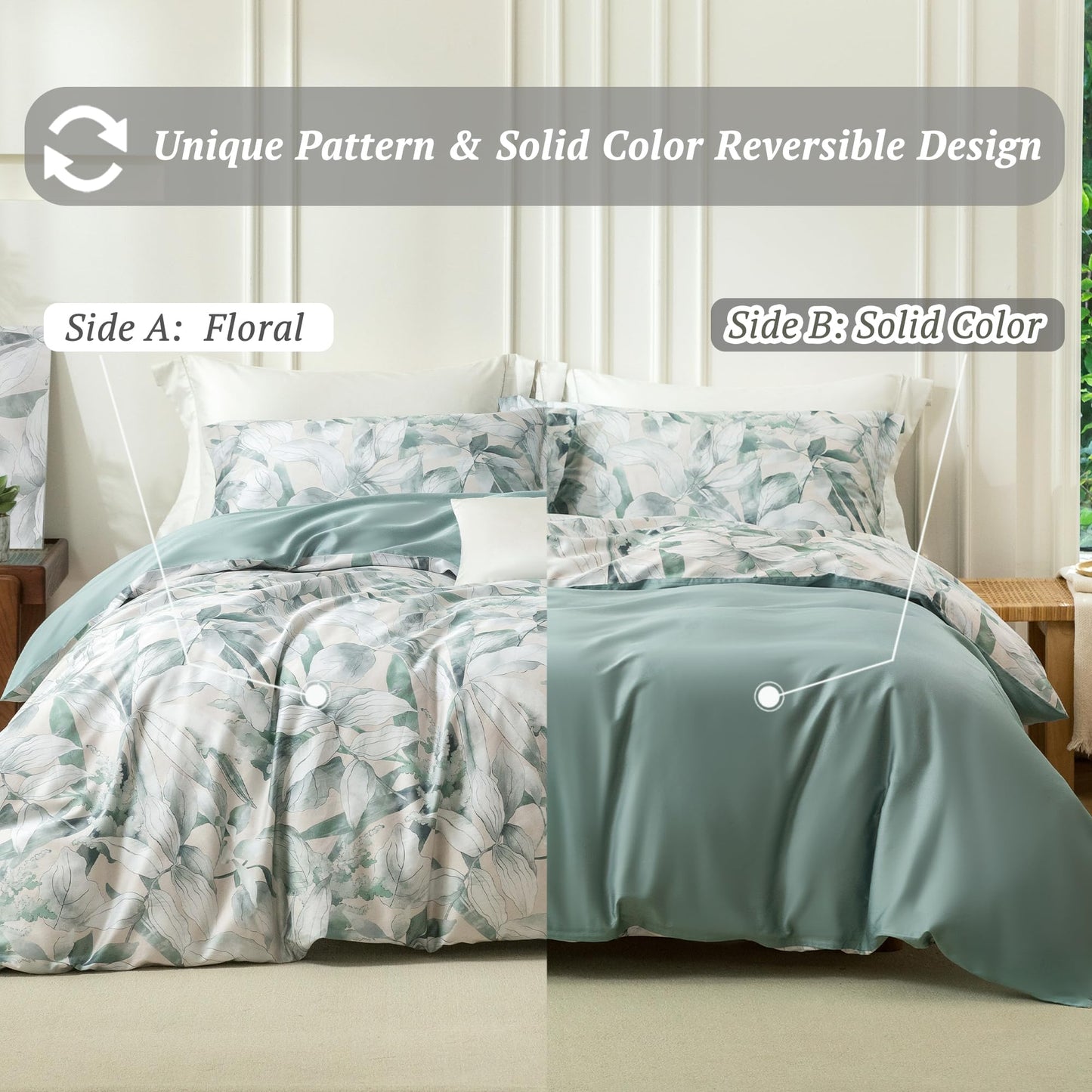 MILDLY Queen Duvet Cover Set - 100% Long-Staple Cotton Sage Green Leaves Patten Reversible Comforter Cover - 3Pcs Soft Breathable Luxury Bedding for All Season