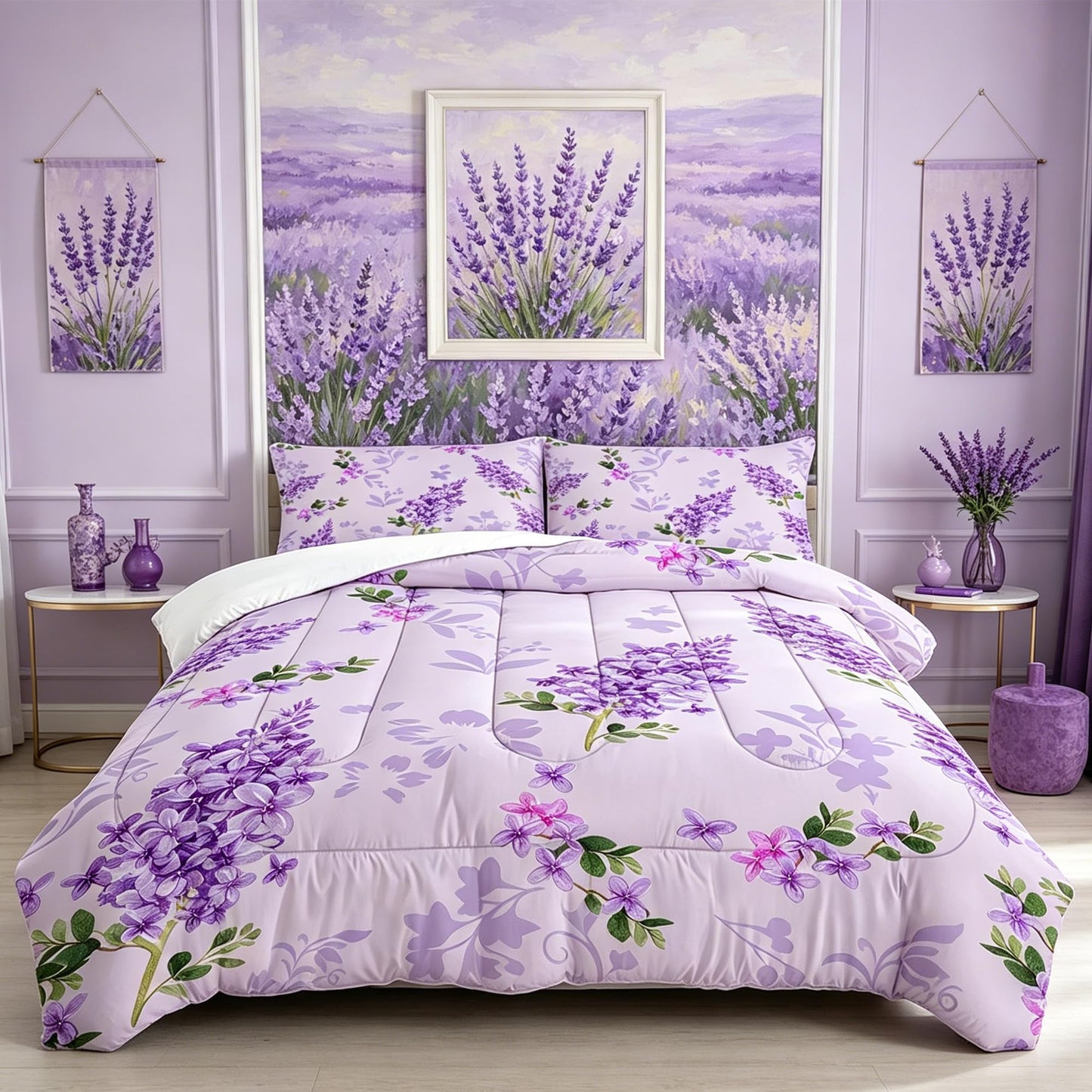 FUYEUN Floral Bedding Set Full : Purple Lilac Flower Comforter Set for Girls Women Kids Teens Bedroom Bed Bedspread Quilt,1 Comforter,2 Pillow Cases