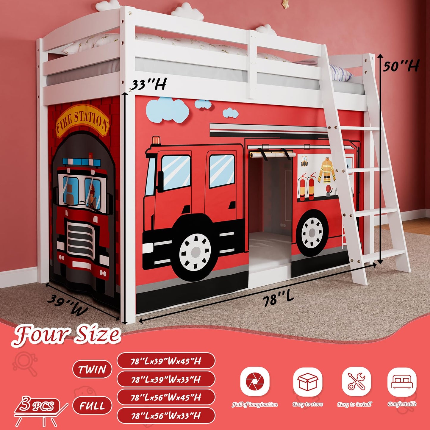YRDKB Fire-Truck Bunk Bed - 33H Curtains Premium and Customizable Cartoon Loft Bed Curtains for Children to Enhance The Imaginative Creation Bedroom Curtains(3PCS,Twins)