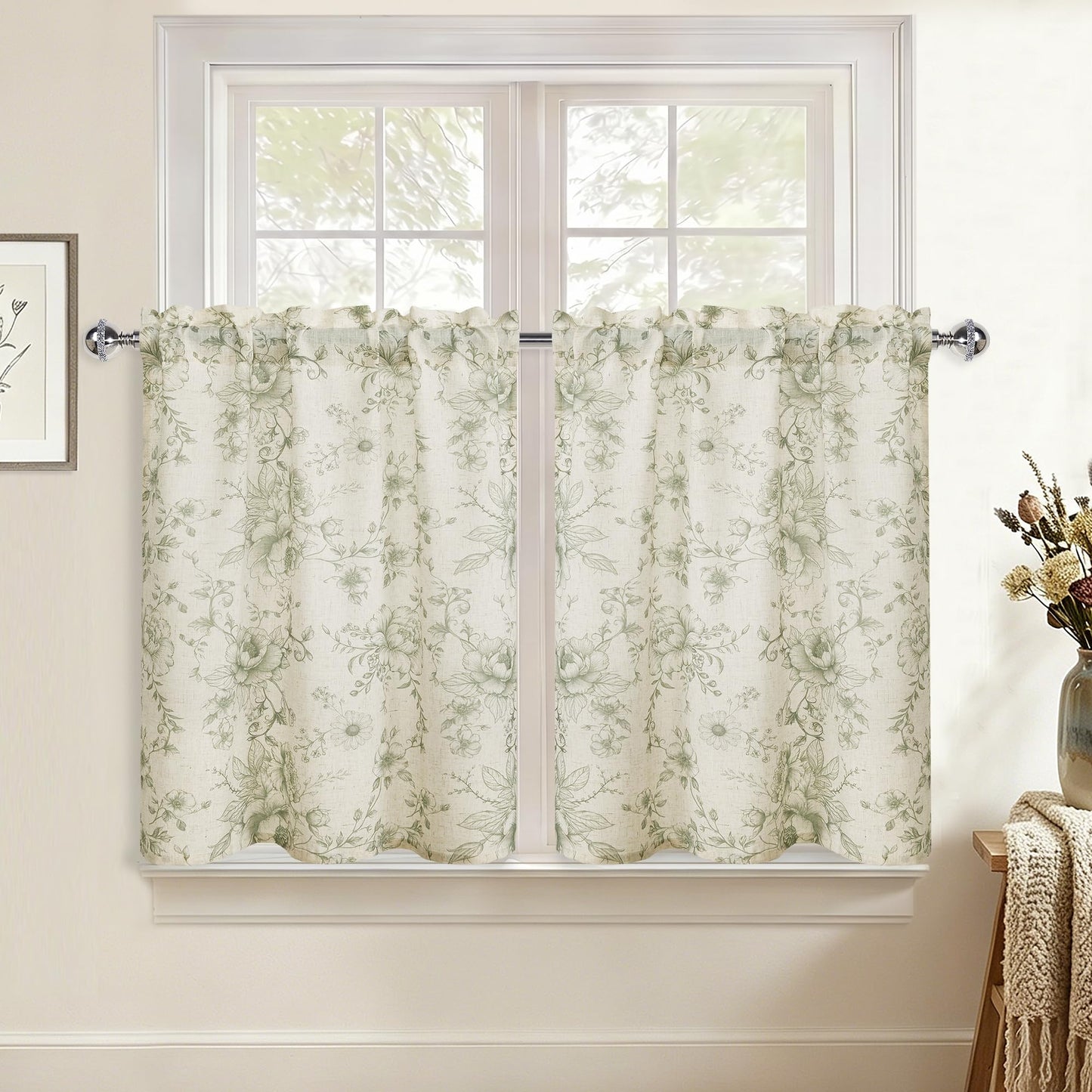 JIUZHEN Farmhouse Floral Linen Kitchen Curtains 24 Inch Length, Rod Pocket Rustic Light Filtering Tier Curtains for Livingroom/Bathroom, Green Peony Fragmented Flowers, 2 Panels