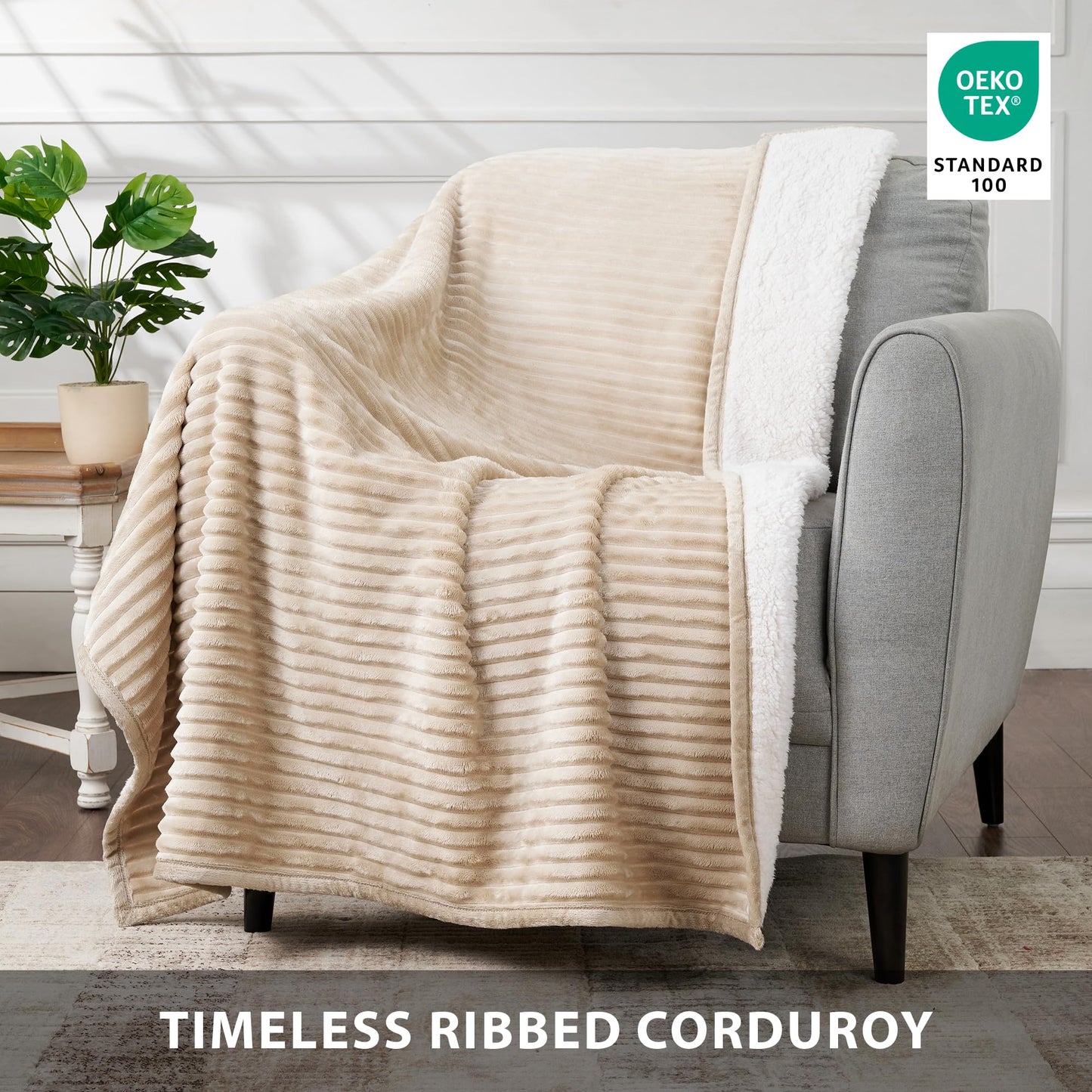 CBCHome Corduroy Velvet Plush Ribbed Throw Blanket with Ultra-Soft Sherpa Reverse - Cozy Reversible Sofa & Bed Throw - All Season Décor (Beige, 50" x 60")