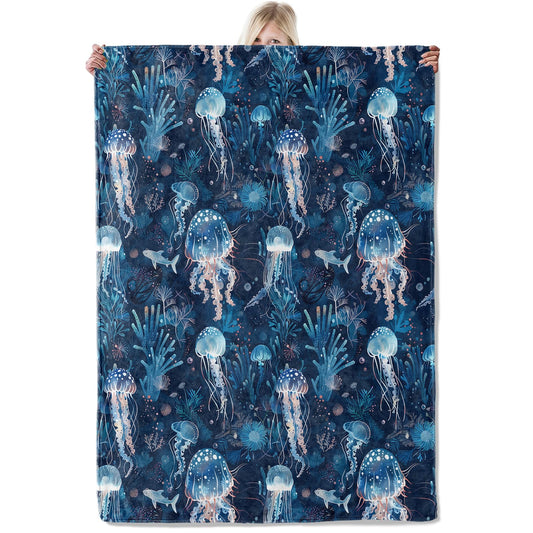 ICAAV Ocean Jellyfish Blanket for Adults 50×60 Inch,Deep Sea Glow Inspired Flannel Throw with Coral and Fish Design, Soft Cozy Nautical Decor, Blue Underwater Illustration Pattern,Gifts Blankets