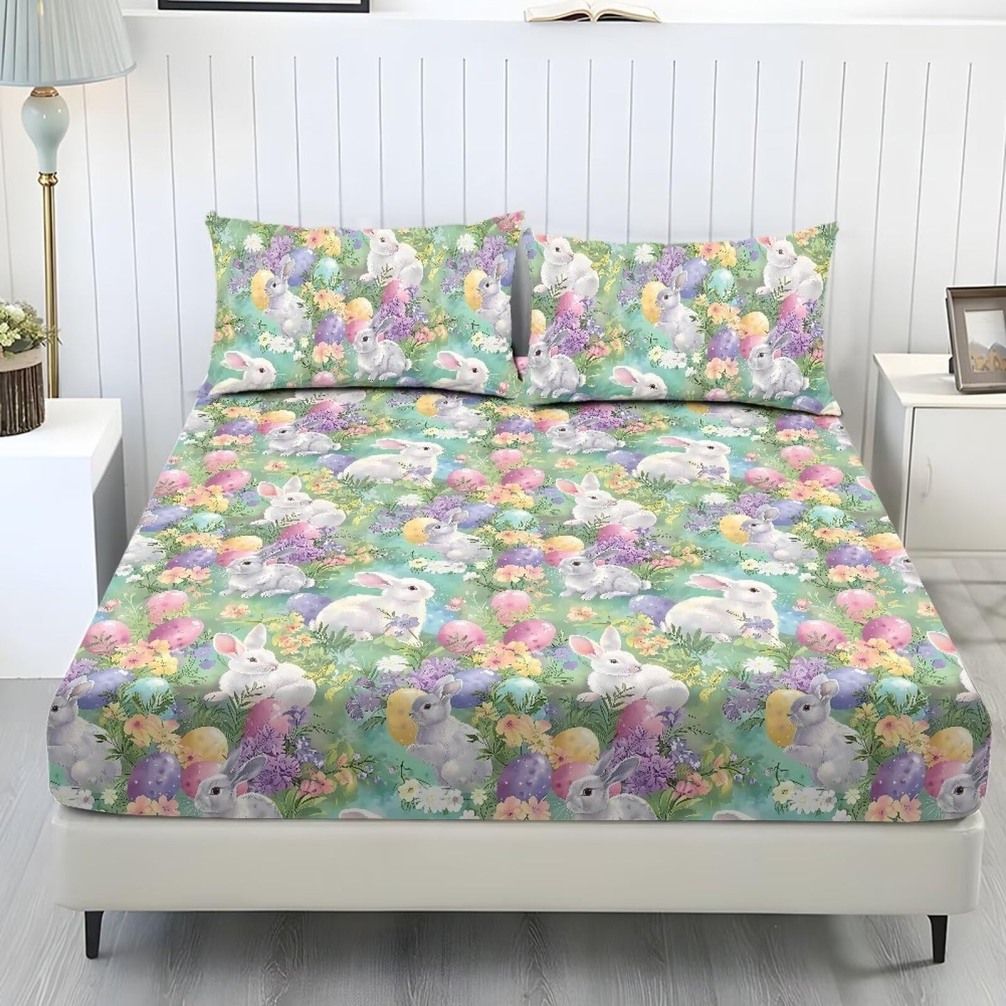 ZDCUSTOM 3pcs Easter Bunny Sheet Set Twin XL Size Cozy Fade Resistant Bedding Sheet Set Fresh Cute Bedsheet with All Around Elastic Home Decor for Twin XL Size Bed, 39" x 79"