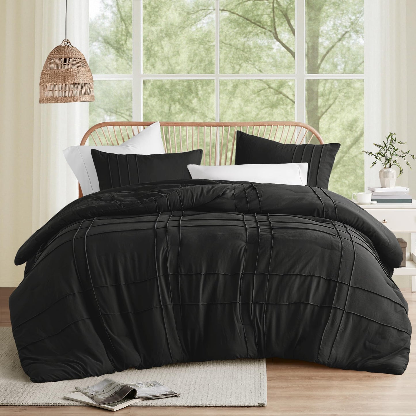 Comfort Spaces Black King Size Comforter Set - 3-Piece Pintuck Pleated Bedding Set, All Season Lightweight, Extra Soft Pre-Washed Microfiber, Shams