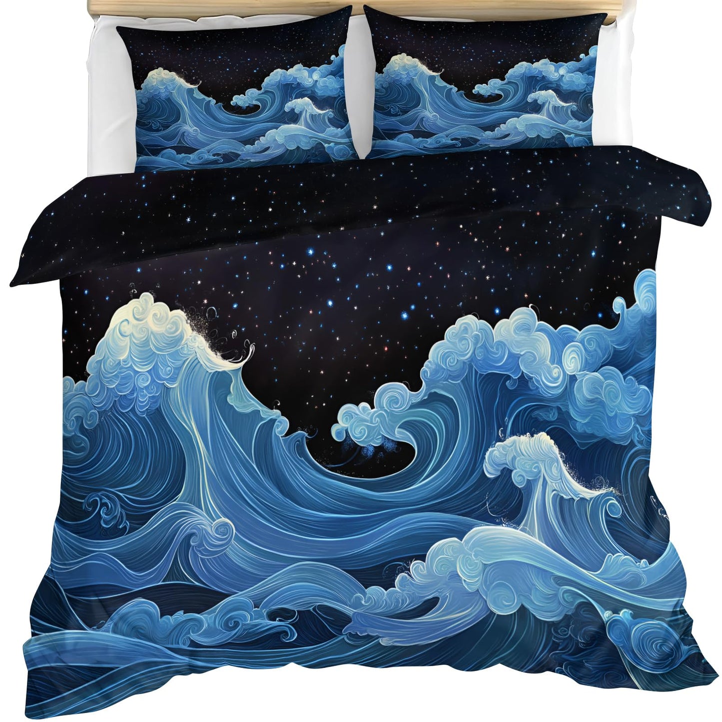 GKPLY Starry Ocean Bedding Comforters, Japanese Wave Duvet Cover, Cosmic Water Comforter Set, Reversible Print - Fantasy Sea Bedding Duvet Cover & 2 Pillowcases, California King