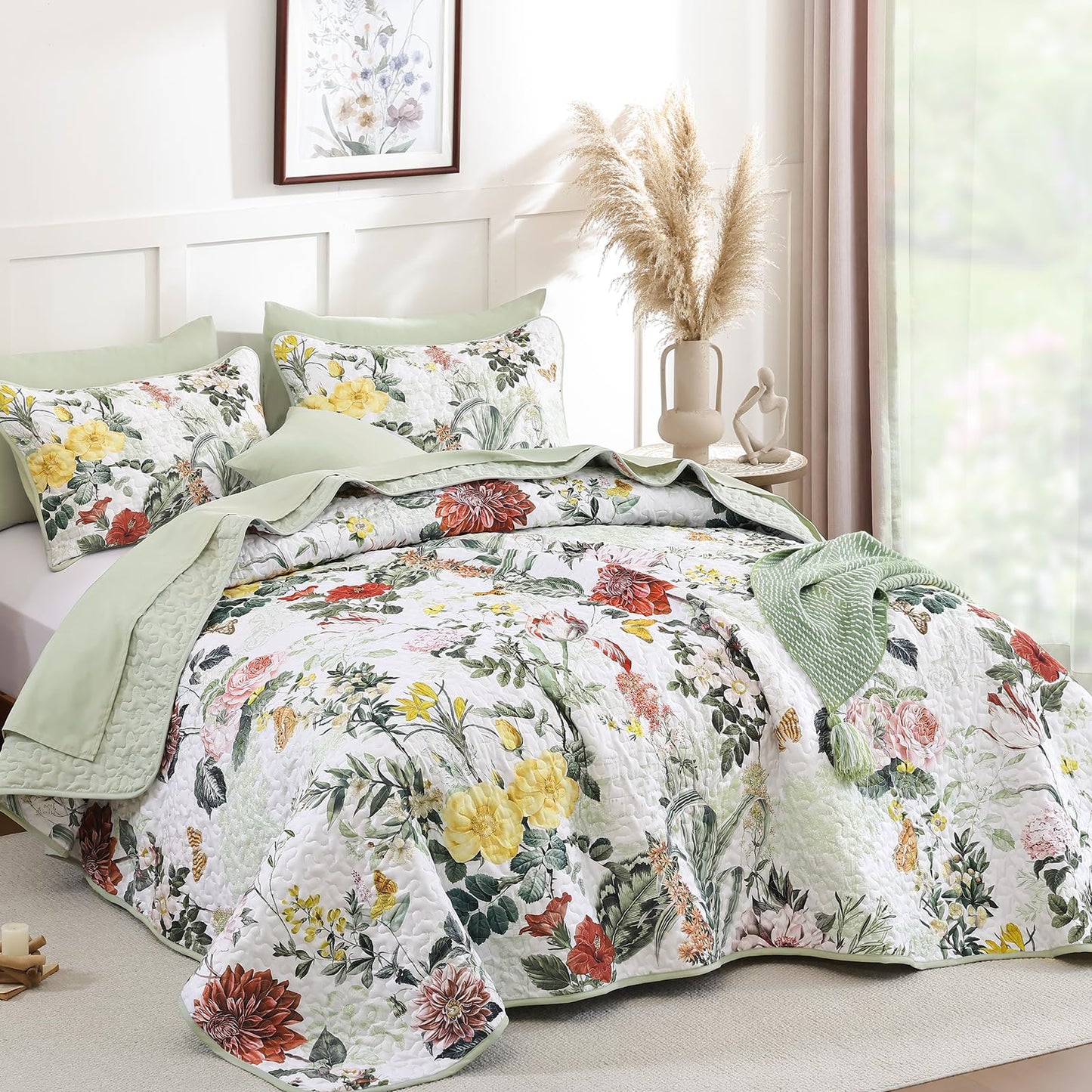 Anibedding Sage Green Queen Quilt Sets,3 Piece Floral Farmhouse Botanical Lightweight Microfiber Bedspread Coverlet with 2 Shams Spring Summer Bedding Quilts Set for All Season(90"x96")