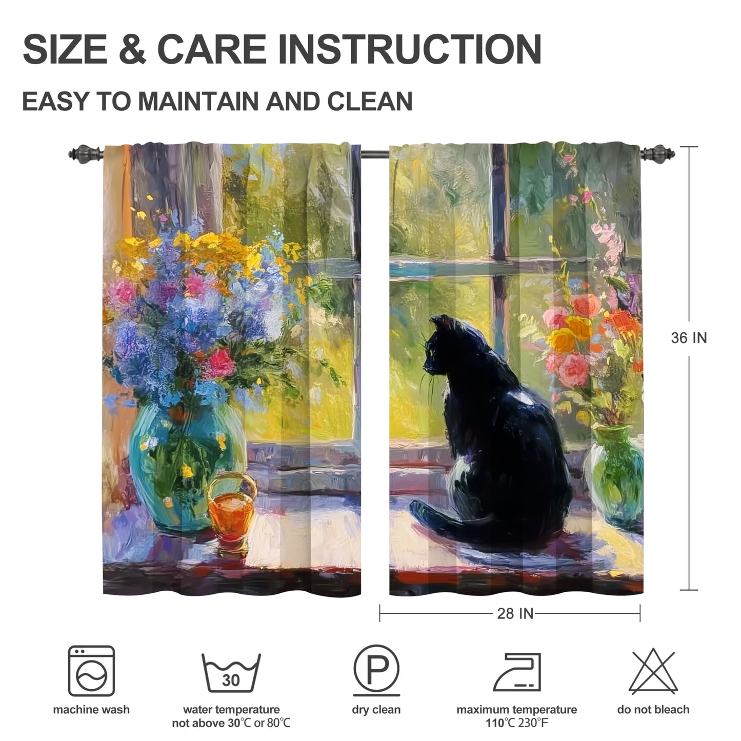 Ecixzyo Cat Flower Kitchen Curtains Short Rod Pocket Drapes Tiers Window Curtains for Basement Bathroom 2 Panels 28x36in