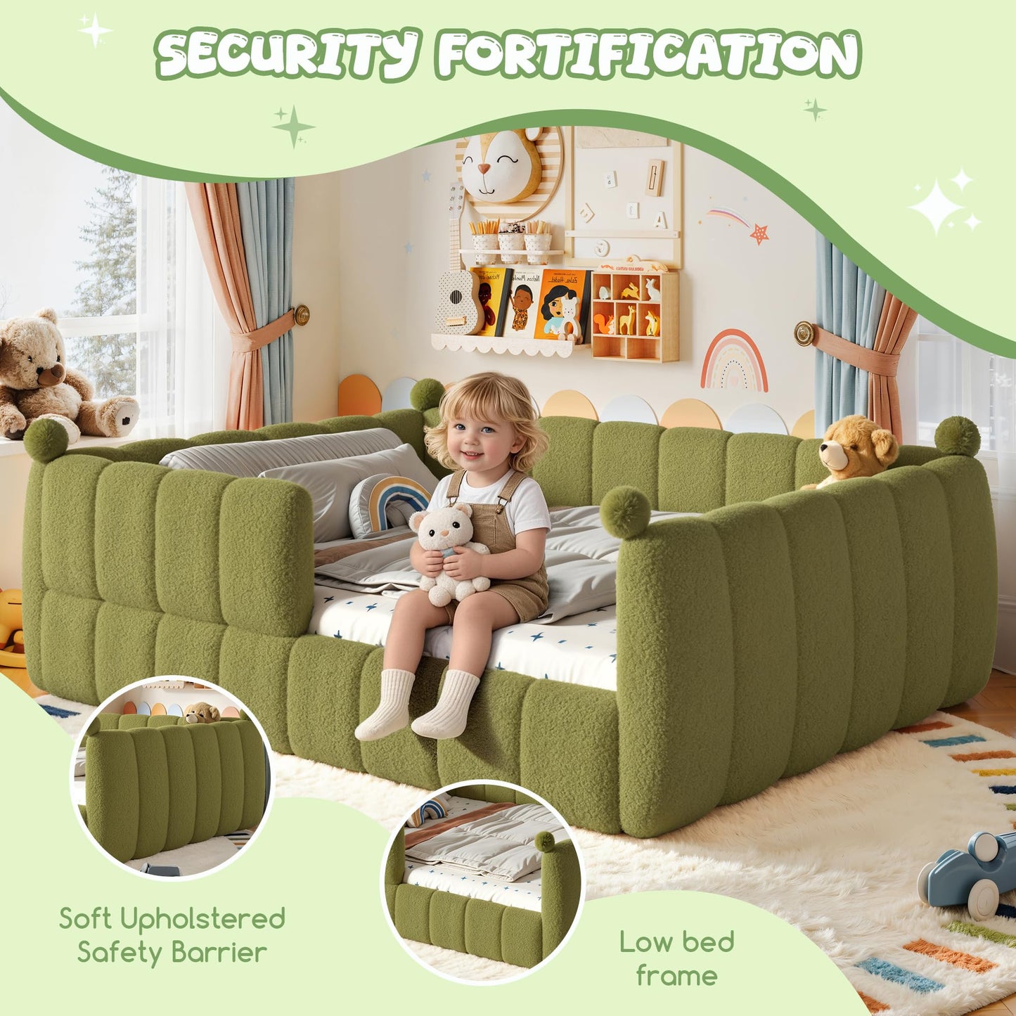 Bellemave Queen Size Teddy Fleece Upholstered Montessori Floor Bed with Fence,Low Profile Kids Bed Frame with Full Padded Safety Guardrails, No Box Spring Needed for Boys and Girls,Green