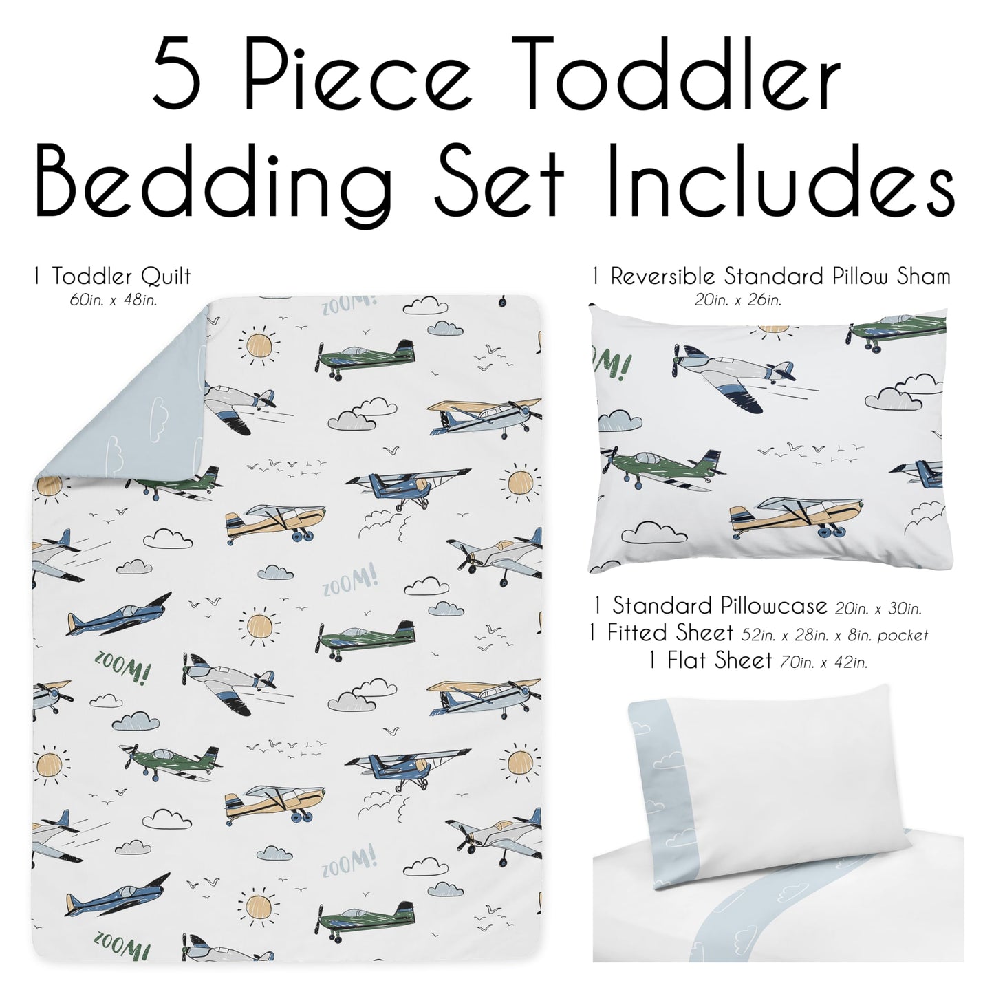 Sweet Jojo Designs Vintage Airplane Boy Toddler Bedding Set Kids Children 5pc Bed in a Bag with Comforter Blanket Pillowcase Sham and Sheets Grey Green Blue White Yellow Transportation Clouds Sun Sky