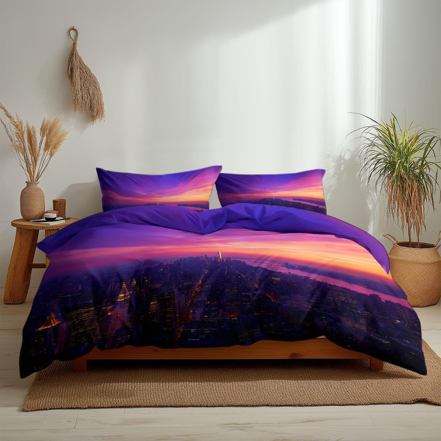 Super Soft Cityscape Duvet Cover Set Twin Size, Neon Art Skyscrapers Bedding for Kids Boys Girls Teens - Breathable and Anti-Allergic Soft Comforter Cover 2 Pillow Shams