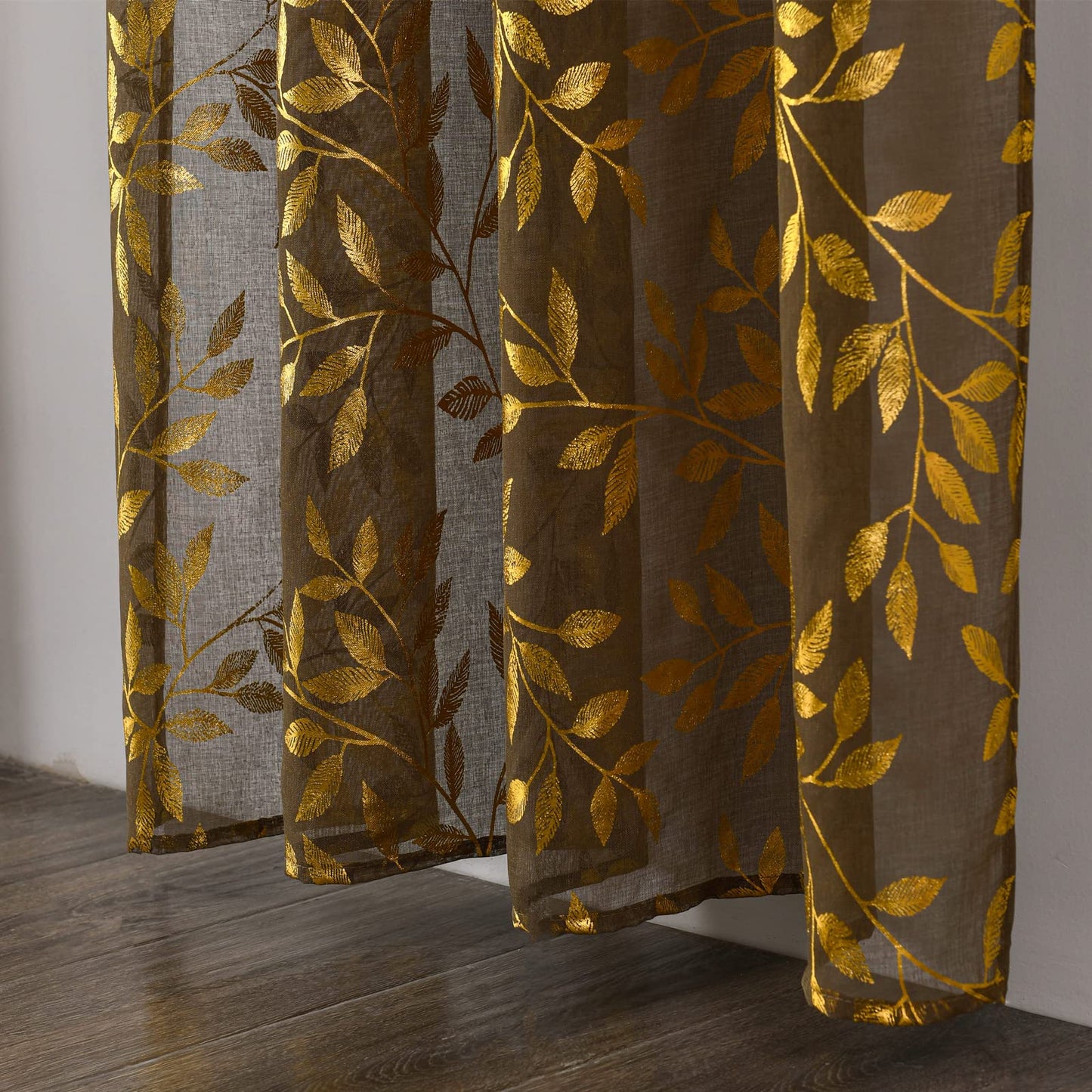 Sutuo Home Sheer Curtains 84 Inch Length 2 Panels Set, Luxury Gold Foil Printed Metallic Bronzing Leaves, Privacy Window Treatment Decor Drape Pair for Bedroom Dining Room, 52" W x 84" L, Taupe