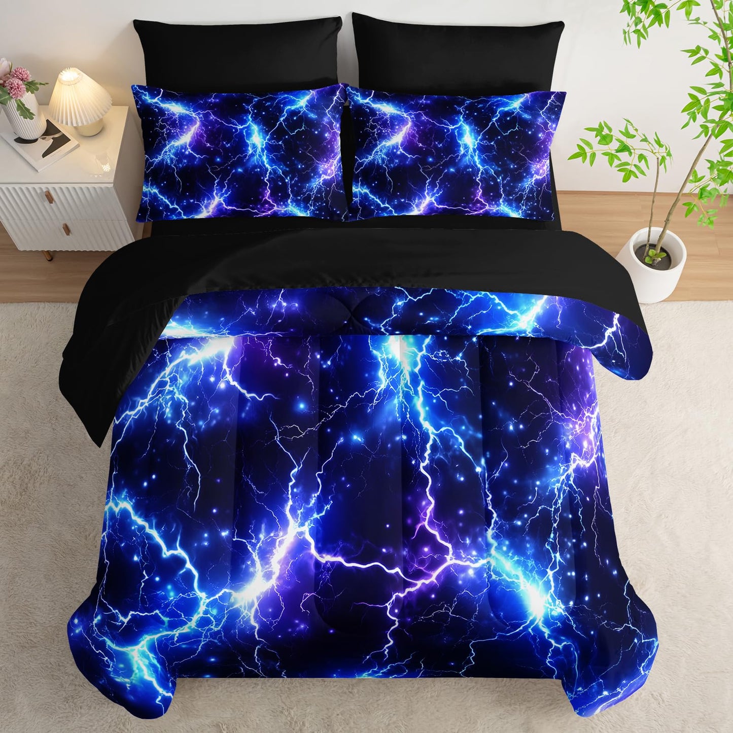Nttopship Blue Lightning Comforter Set Full Size Bed in A Bag 7PCS,Lightning Bedding Set for Teen Adult Blue Room Decor Ultra-Soft Lightweight All Seasons with Pillowcases,Flat, Fitted Sheet