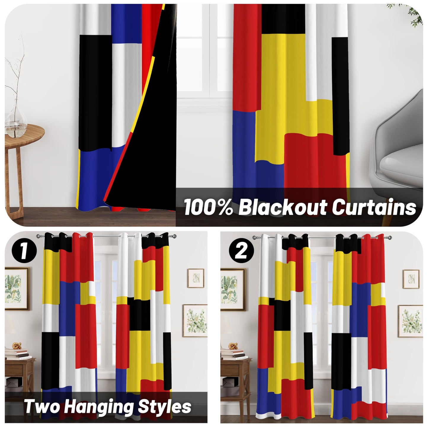 Tyrot Colorful 100% Blackout Curtains for Bedroom 63 inch Long 2 Panels Set Red Yellow Modern Abstract Geometric Black Out Curtains Insulated Room Darkening Window Drapes for Living Room, 52Wx63L