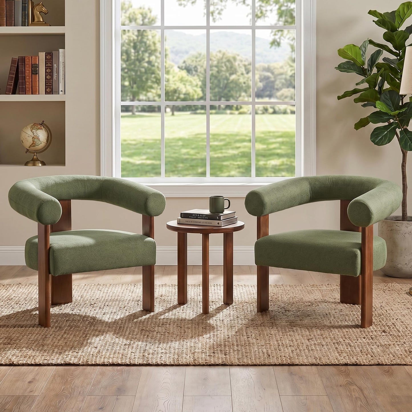 Usaint Upholstered Accent Chair, Mid-Century Modern Arm Chair Living Room Chairs with Walnut Wood Legs, Comfy Barrel Accent Chairs for Living Room, Bedroom, Vanity, Reading Room, Green