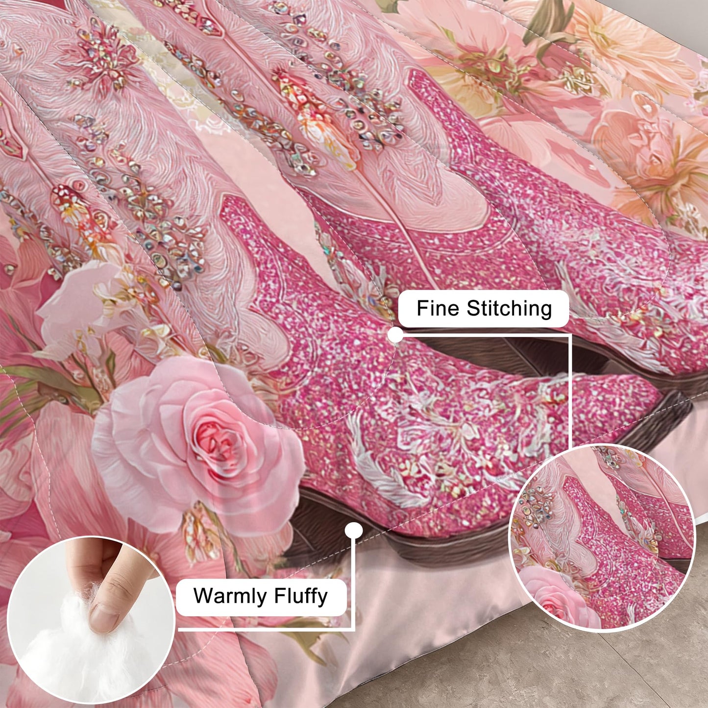 VTKON Pink Cowgirl Bedding Set Twin Size Western Cowgirl Comforter Set Girly Luxury Floral Lace Fan Print Bed Set Light Pink Flower Sweet Western Style Quilt Set with 1 Comforter + 1 Pillowcase