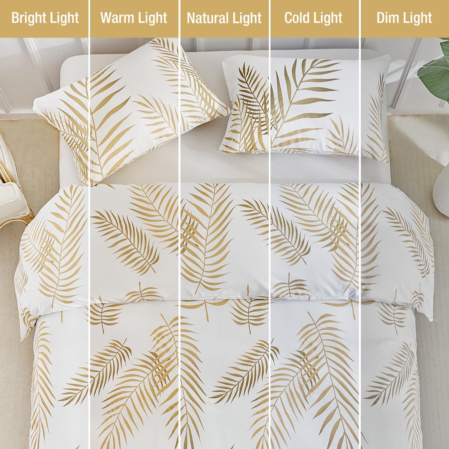 Lekesky King Duvet Cover Set, White and Gold Tropical Palm Leaf Pattern Comforter Cover King Size, 3 Pieces Soft Microfiber Bedding Sets with Zipper & 2 Pillowcases, Comforter Not Included
