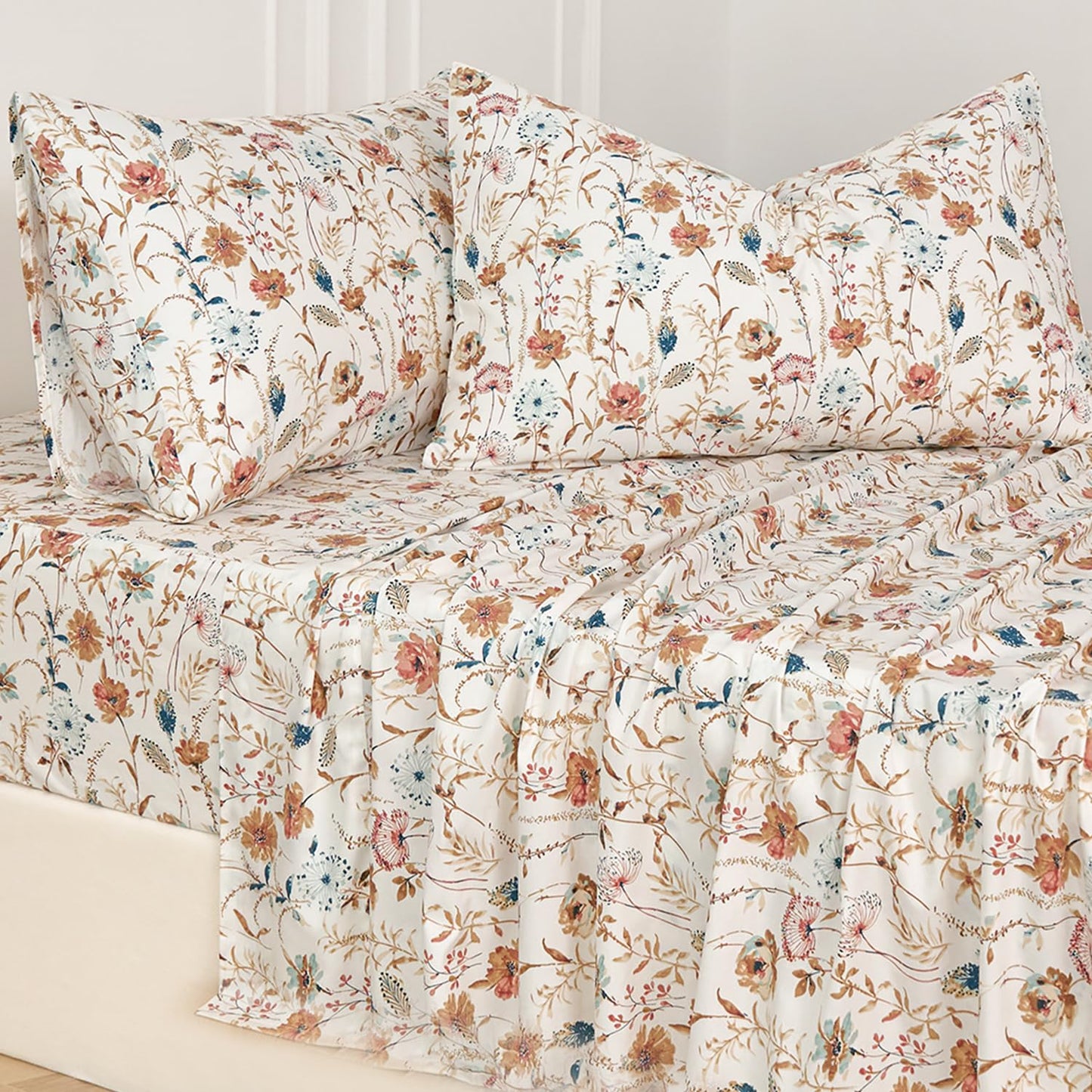 Zusbest Queen Sheets Set 100% Percale Cotton - Boho Floral Botanical Printed Bedding with Deep Pocket 17.5'', Vintage Burnt Orange & Teal Design, 4-Piece Soft Breathable Sheets