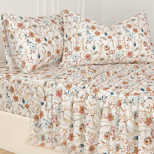 Zusbest Queen Sheets Set 100% Percale Cotton - Boho Floral Botanical Printed Bedding with Deep Pocket 17.5'', Vintage Burnt Orange & Teal Design, 4-Piece Soft Breathable Sheets