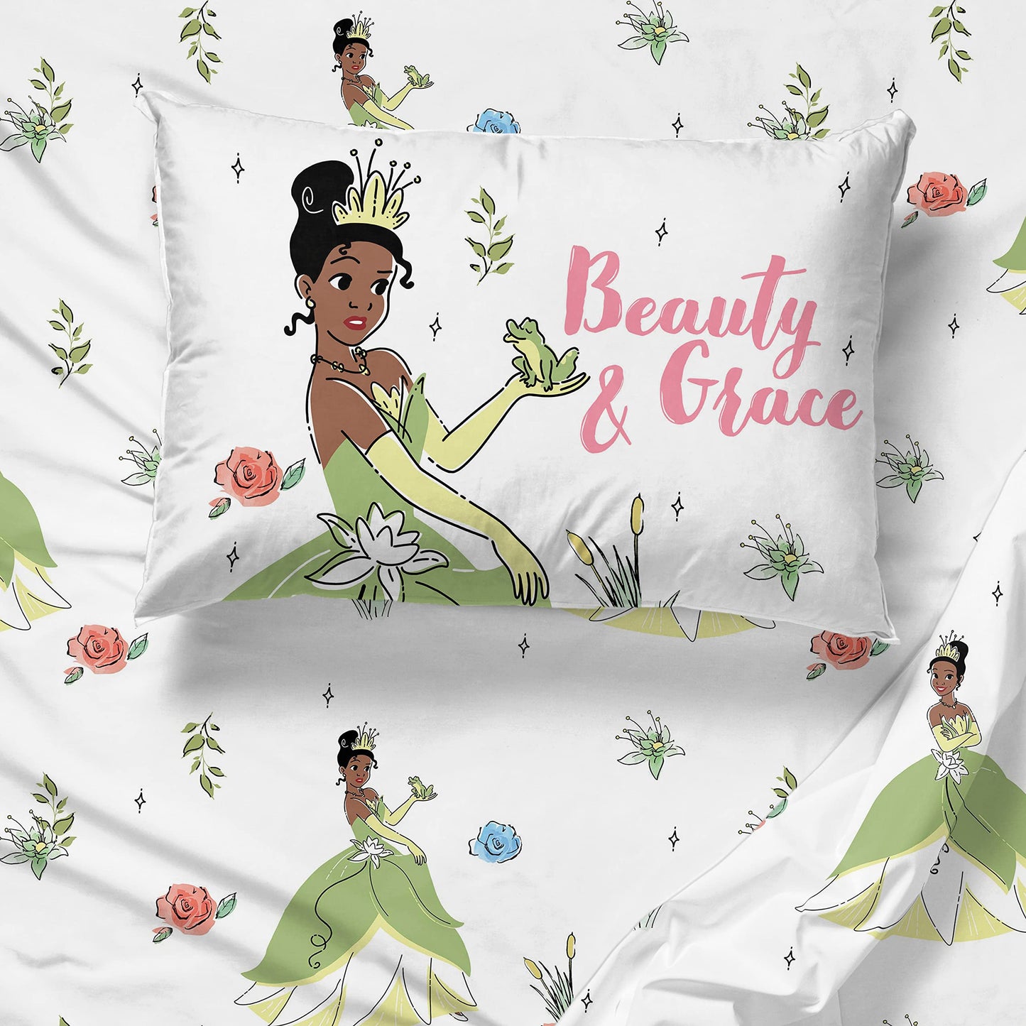 Jay Franco The Princess and The Frog Beauty & Grace 5 Piece Twin Size Bed Set - Includes Comforter & Sheet Set Featuring Tiana - Super Soft Bedding Fade Resistant Microfiber (Official Product)