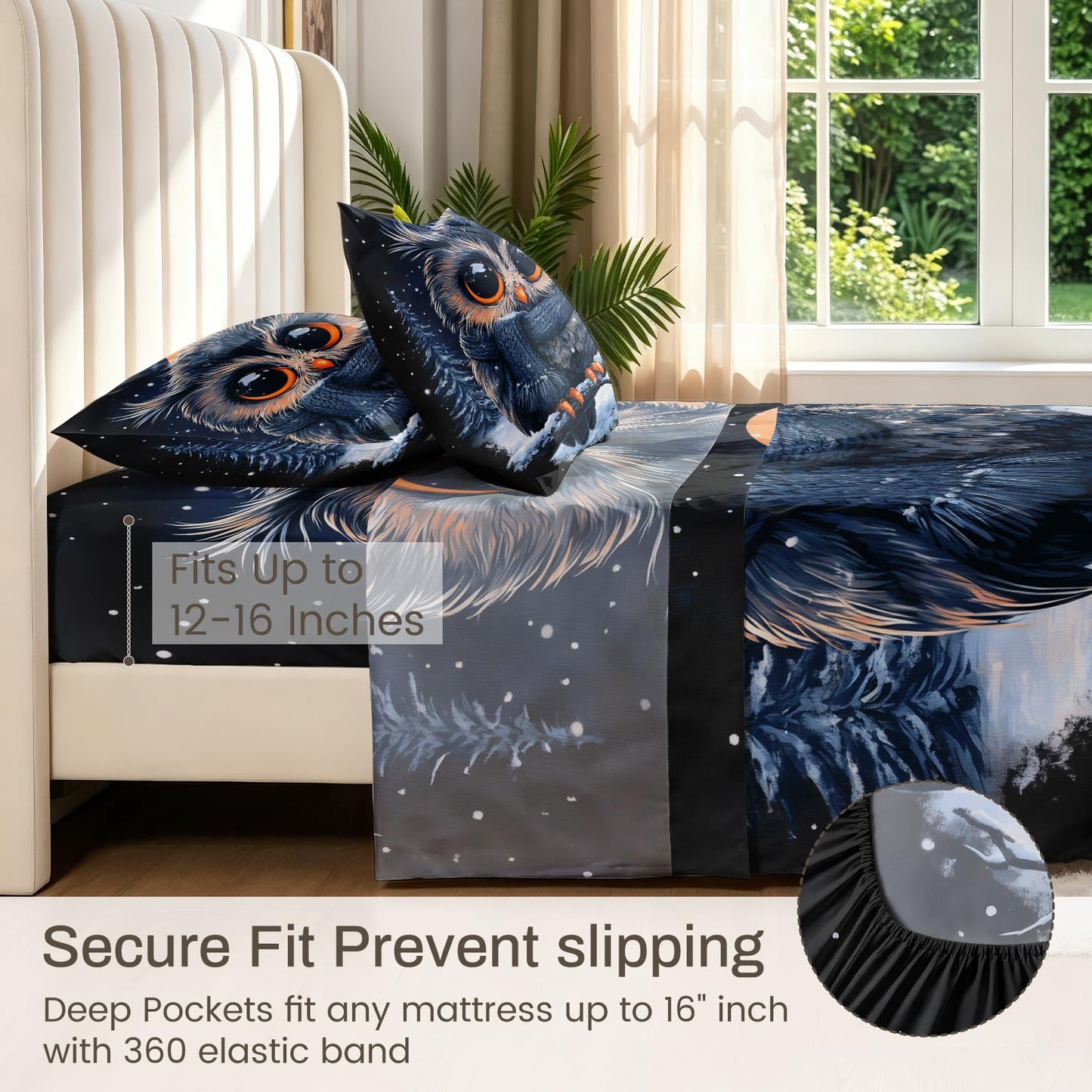 Owl Sheet Set, 4 Pcs Queen Size Kids Forest Animal Bed Sheets