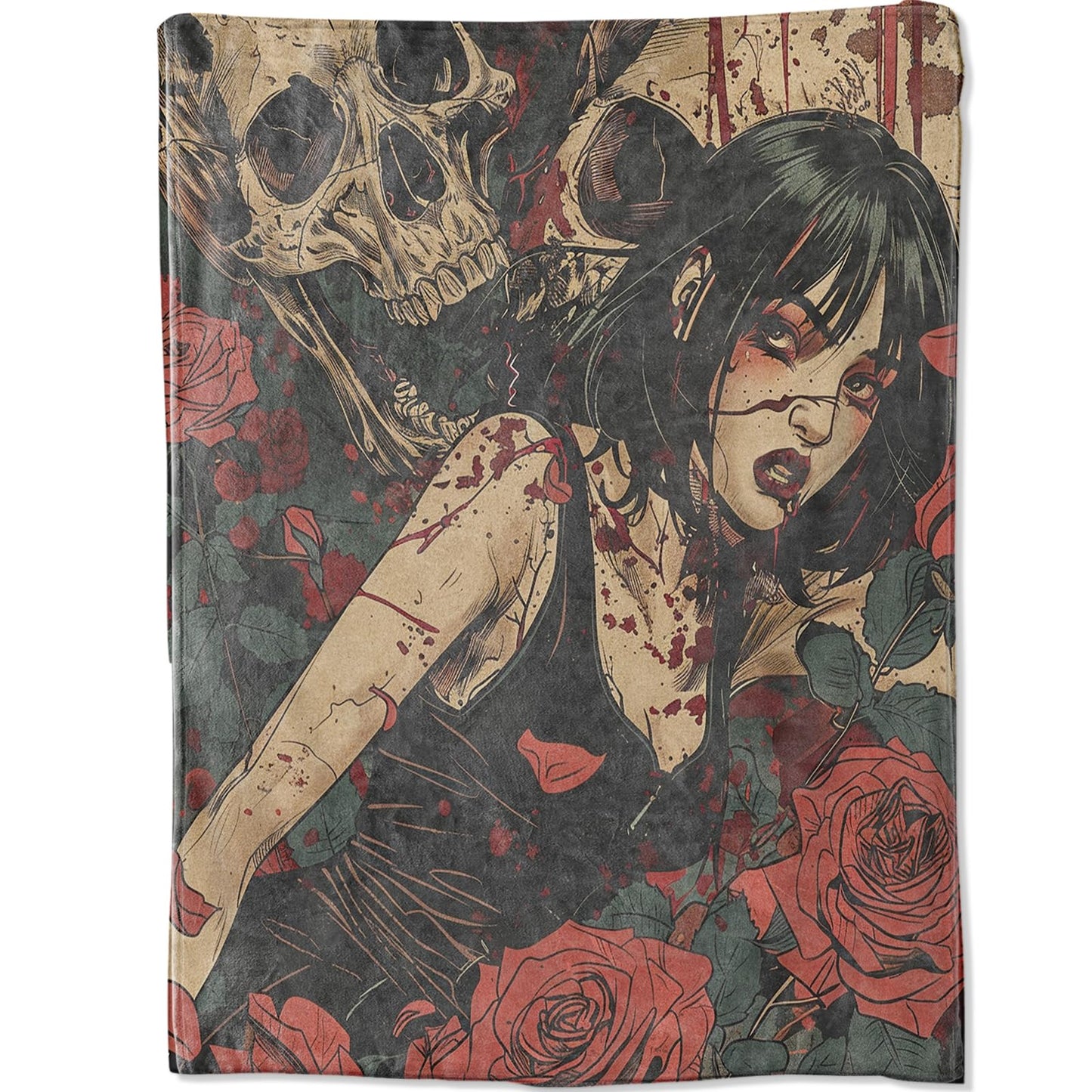 amepay Scared Bleed Female Blanket, Gothic Skull Red Rose Aesthetic Throw Blankets for Halloween Home Bedroom Couch Room Decor, Fluffy Comfortable Warm Throws, for Artist Adults Women, 50x60 in