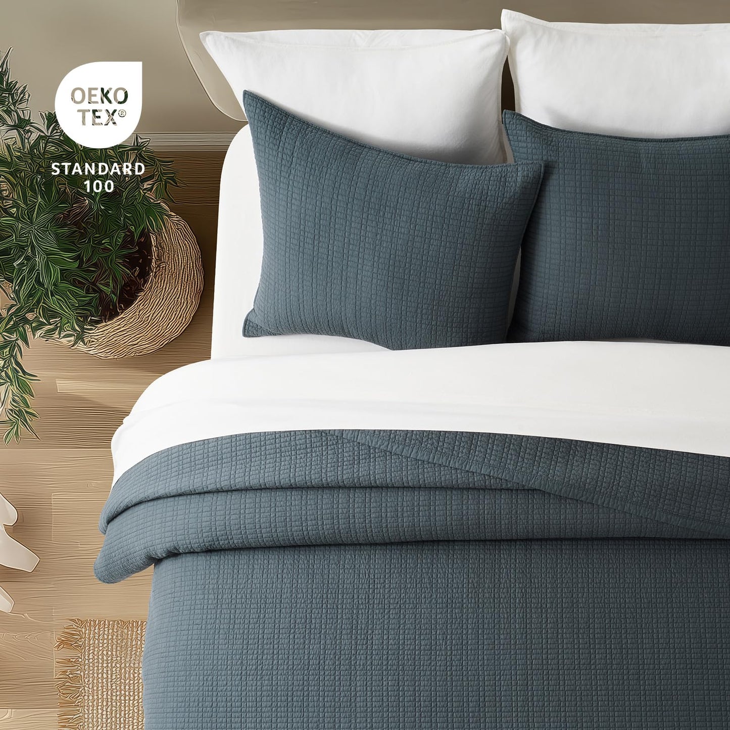 EverGrace 100% Cotton Quilt King Size, Pre-Washed Modern Grid Stitch Lightweight Bedspread Coverlet for All Season, Oversized 3-Piece Bedding Set with 2 Pillow Shams, Midnight Blue