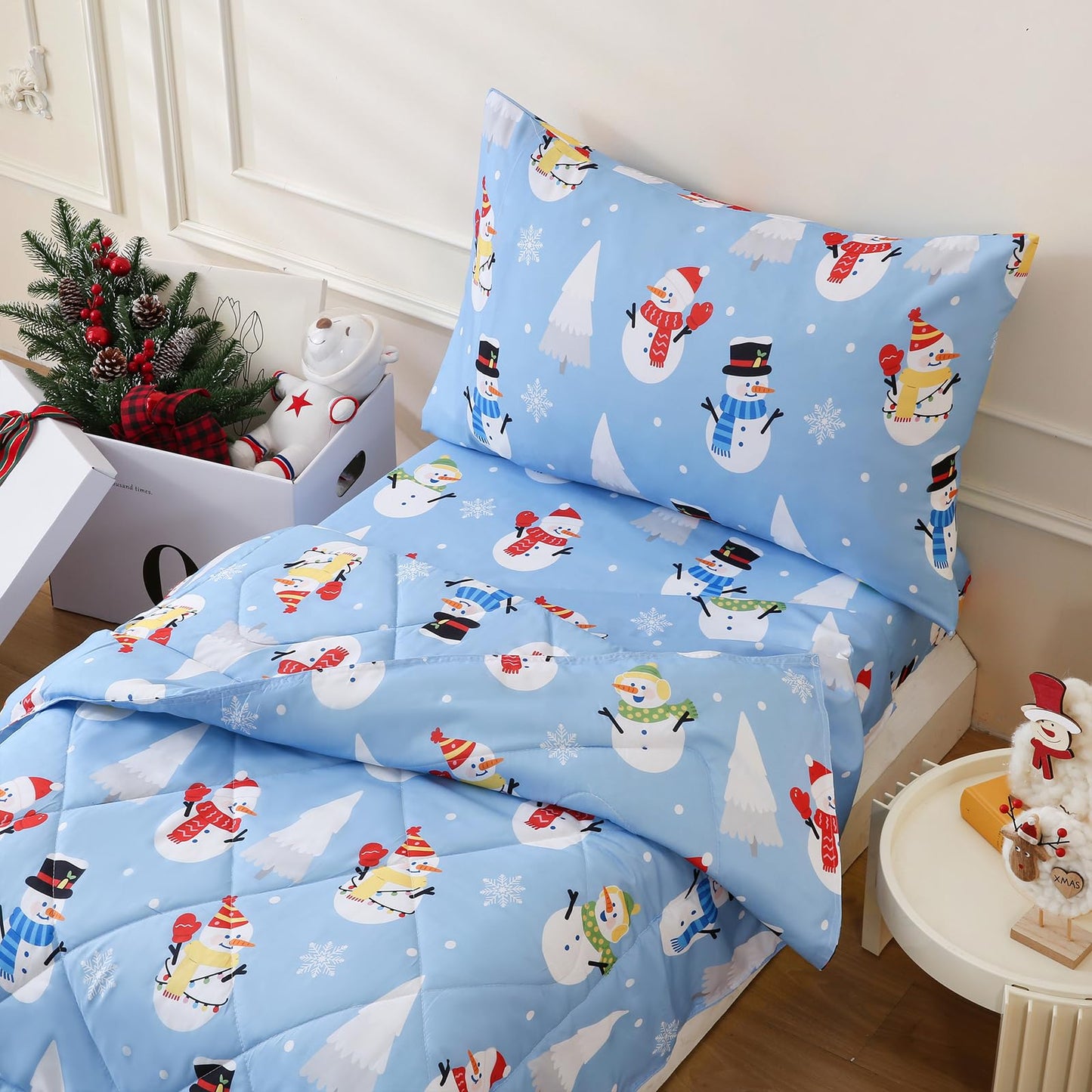 LONAVA Winter Toddler Kids Comforter Set - 4 Pieces Toddler Bedding Sets for Boys Girls Children, Ultra Soft Microfiber Bed in A Bag with Flat Fitted Sheets, Snowman