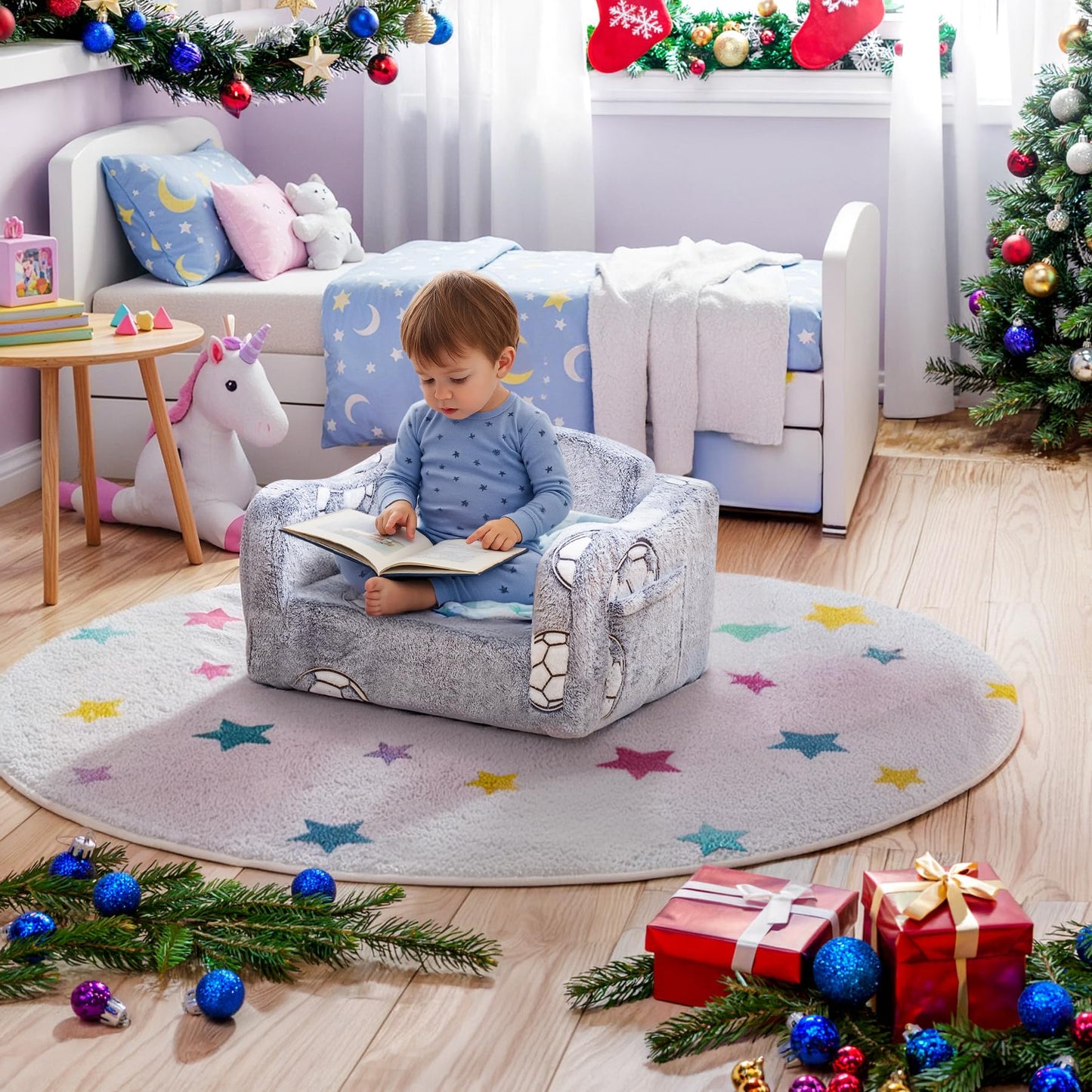 Lamerge 2-in-1 Toddler Couch,Glow in The Dark Baby Floor Bed,Foldable Toddler Chair Kids Sofa for playroom,Convertible Sofa to Lounger for Girls and Boys (Grey and Football)