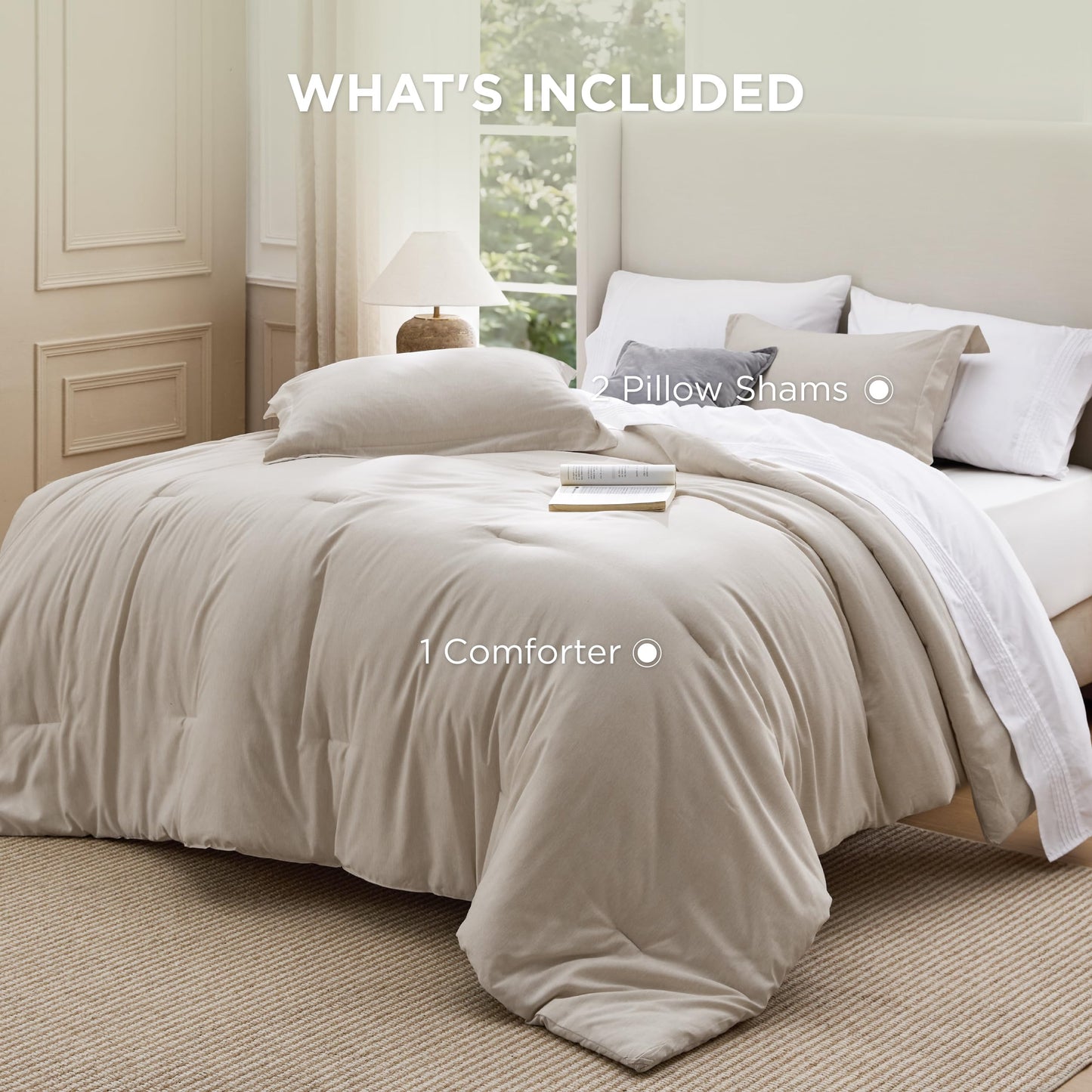 Bedsure Queen Comforter Set - Beige Soft Bedding for All Seasons, Cationic Dyed Bed Set, 3 Pieces, 1 Queen Size Comforter (90"x90") and 2 Pillow Shams (20"x26"+2")