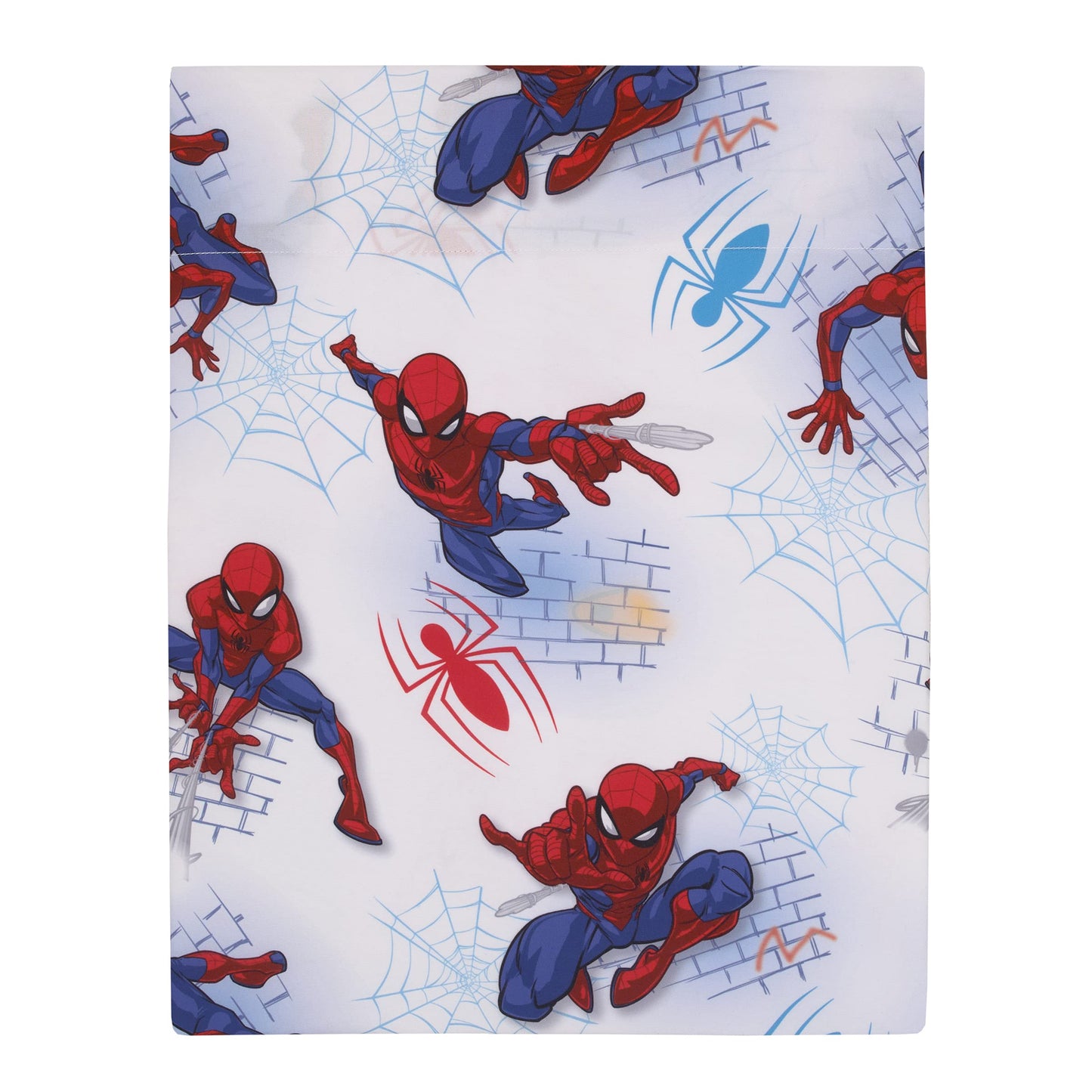 Disney Marvel Spiderman Wall Crawler Red, White, and Blue Spider Webs 4 Piece Toddler Bed Set - Comforter, Fitted Bottom Sheet, Flat Top Sheet, and Reversible Pillowcase