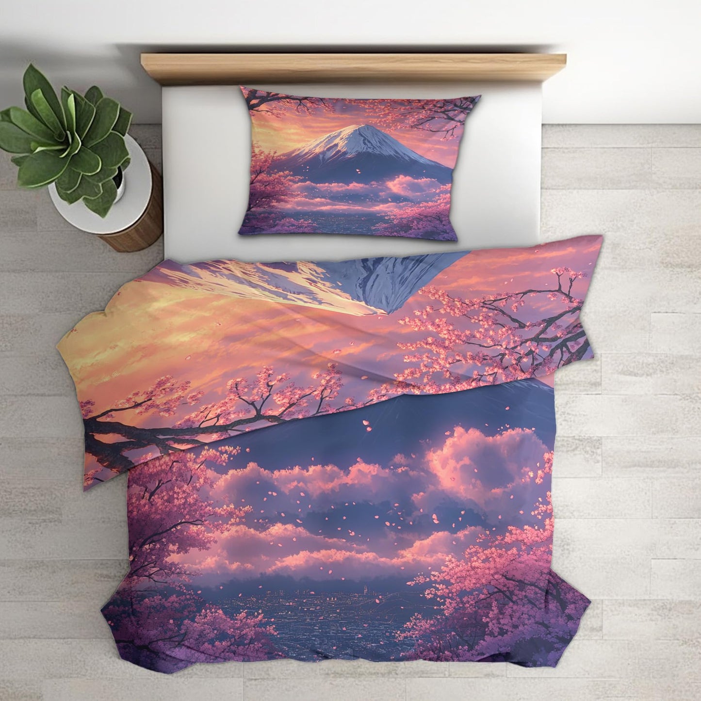 zcwl Japanese Landscape Duvet Cover Oversized King Size | Mount Fuji Bedding Set | 3 Piece | Soft Microfiber Patterned Comforter Cover with Zipper Ties & 2 Pillowcases | Cherry Blossom Bedroom Decor