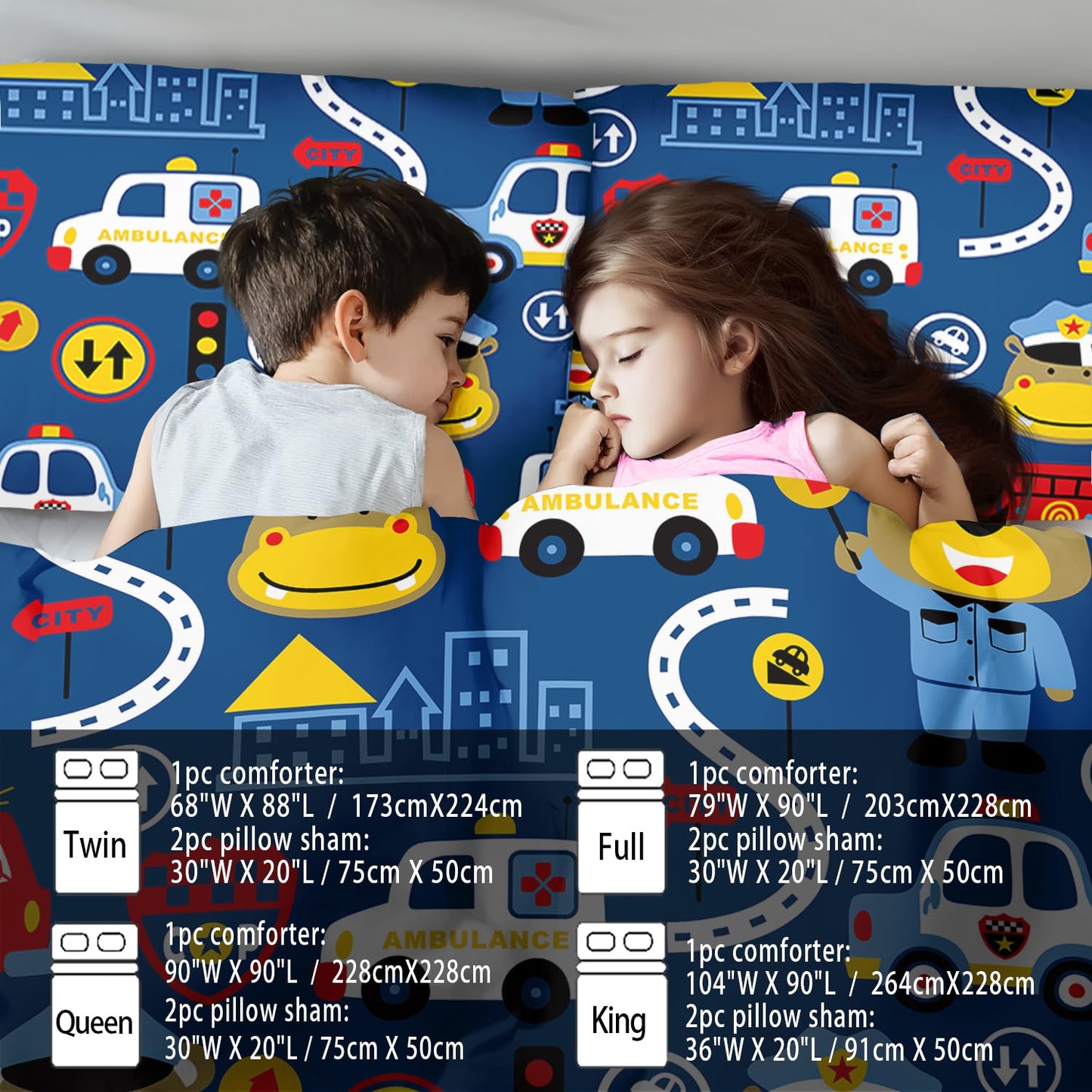 llyxsesty Kids Cop Car Comforter Set Queen Boys Fire Truck Bedding Set for Teens,Bear Comforter Queen Quilt Toy Police Car Bedroom Decor Cartoon Animal Bedding Bed Decor