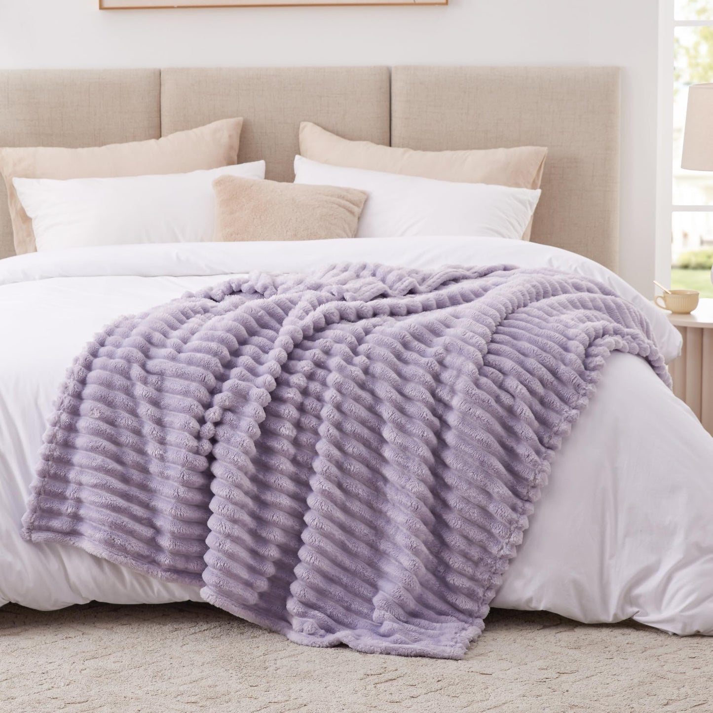 EXQ Home Fleece Throw Blanket for Couch or Bed - 3D Stripe Jacquard Decorative Blankets - Cozy Soft Lightweight Fuzzy Flannel Blanket Suitable for All Seasons(50"×60",Light Purple)