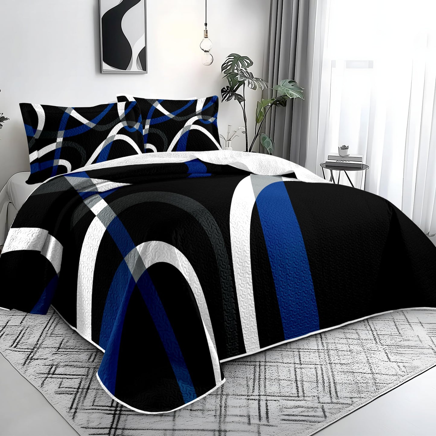weesire Black and Blue Bedding Quilt King Size with 2 Shams, Modern Stripe Comforter Sets Classic Line Pattern Bedspreads Grey and Blue Coverlet, 96''x106''