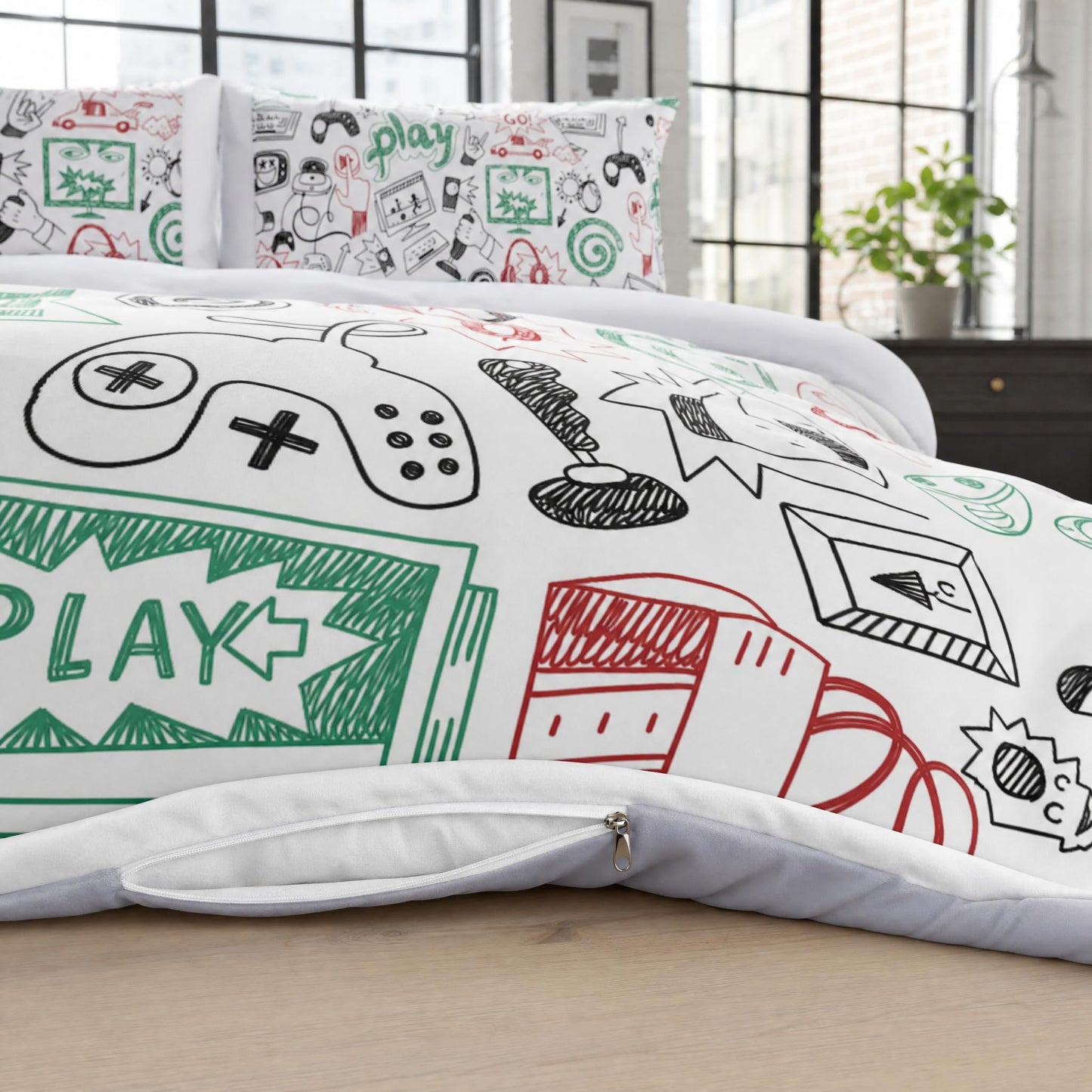 Vichonne Game Comforter Sets for Boys Teen Twin Size,Kids Video Games Bedding Set Sketch Style Athletic Racing Game Design Bedroom Home Decor