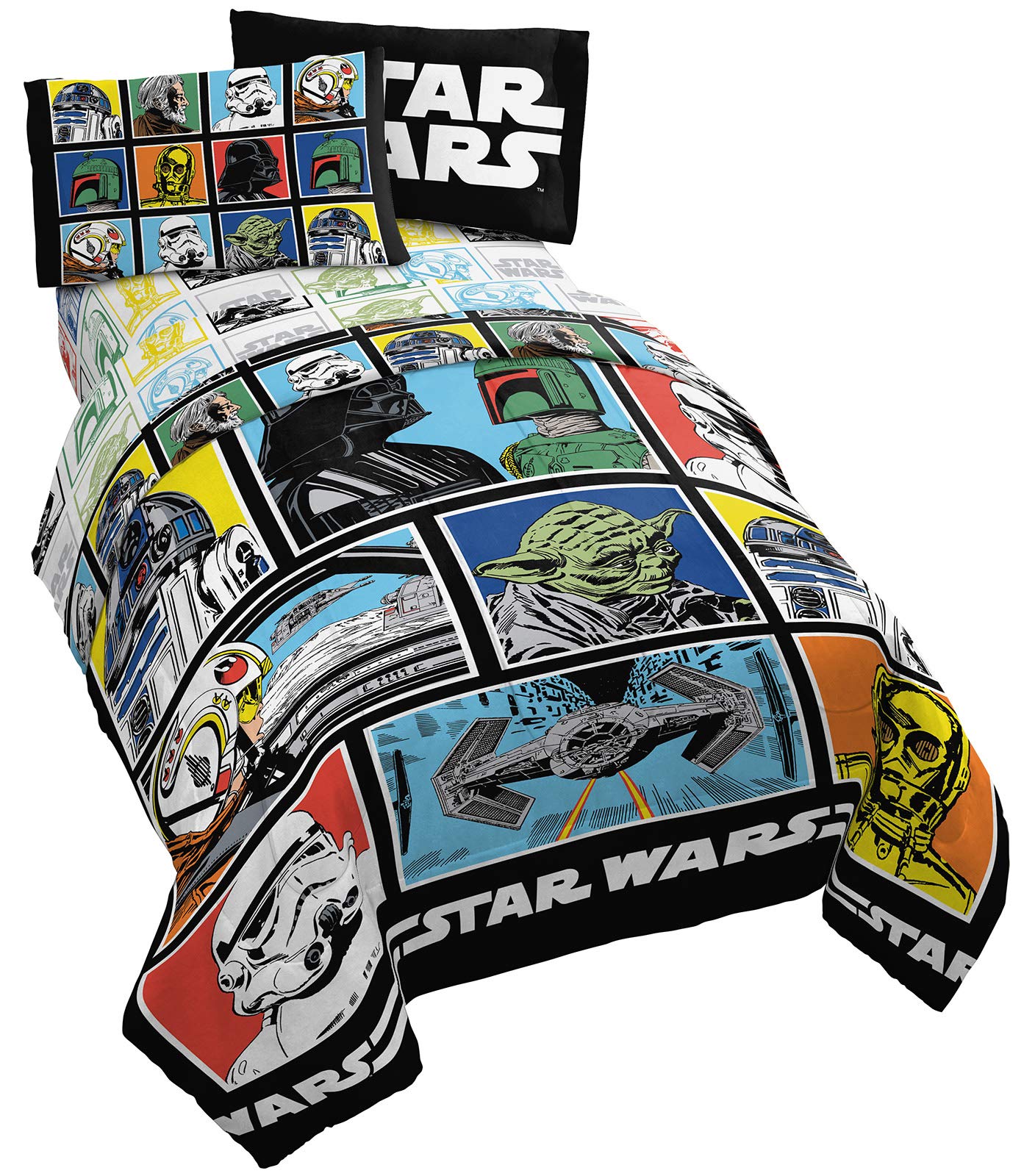 Jay Franco Star Wars Classic Grid 5 Piece Full Bed Set - Includes Reversible Comforter & Sheet Set - Bedding Features Luke Skywalker - Super Soft Fade Resistant Microfiber (Official Product)