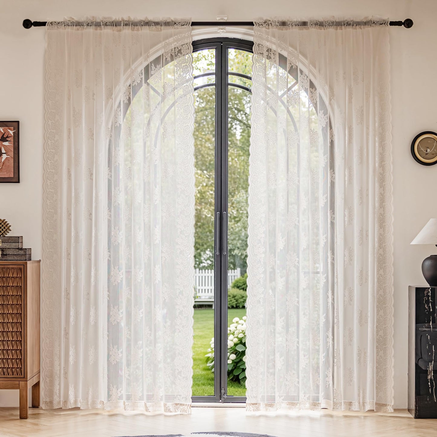 Ivory Lace Curtains 84 Inch Long Vintage Rose with Scalloped Edges Semi Sheer Curtain Drapes for Living Room, Bedroom Cream Lace Window Sheer Curtains with Rod Pocket, 57"W x 84"L, 2 Panels