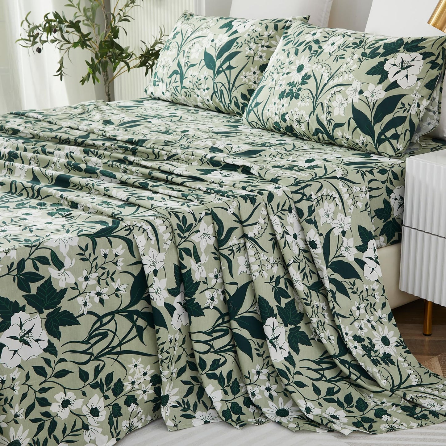 Helthep 100% Cotton Green Floral Printed Bed Sheets, Floral Sheet Set King with 17.5" Deep Pocket, 4Pcs Botanical Patterned Sheets for King Size Bed