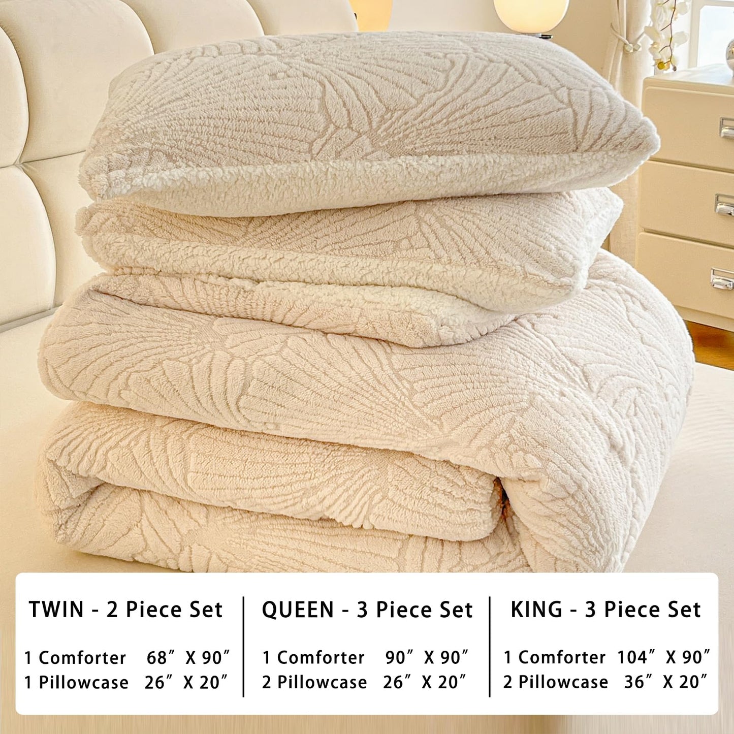 tohrisa Seashell Jacquard Sherpa Comforter Set Warm Cozy Premium Bedding 3 Pieces, King Size Geometric Pattern Quilt Comforter with 2 Pillowcases(104"X90" Ivory White)