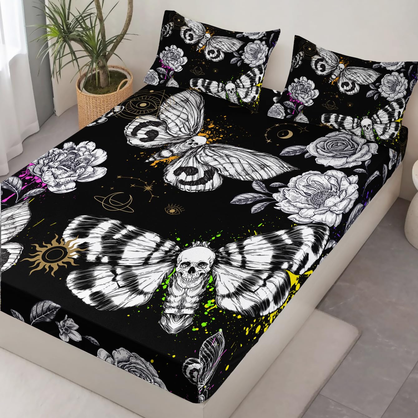 HOSIMA Death Moth Skull Heads Fitted Sheet Horror Theme Halloween Bedding,Goth Bedding Butterfly Bed Set Twin Bed in A Bag Sets for Adults Boys Girls Room Decor Floral Sheets Deep Pocket.