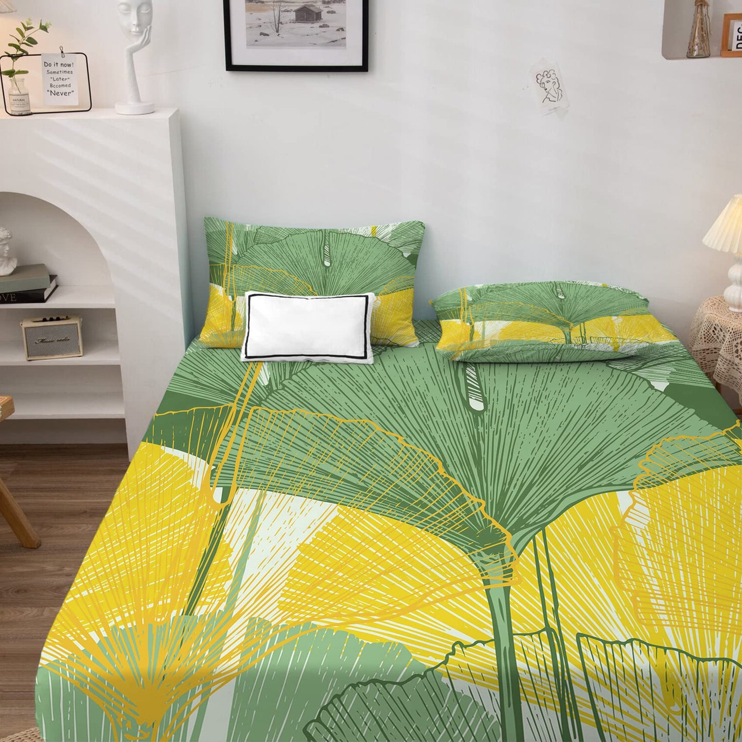 NOGAWA Gingko Leaves Sheets Queen Size, Yellow Green Print Bed Sheets, Patterned Bedding Sheets & Pillowcases 4 Piece Set - Soft Microfiber Deep Pocket Fitted Sheet & Flat Sheet & 2 Pillow Cases