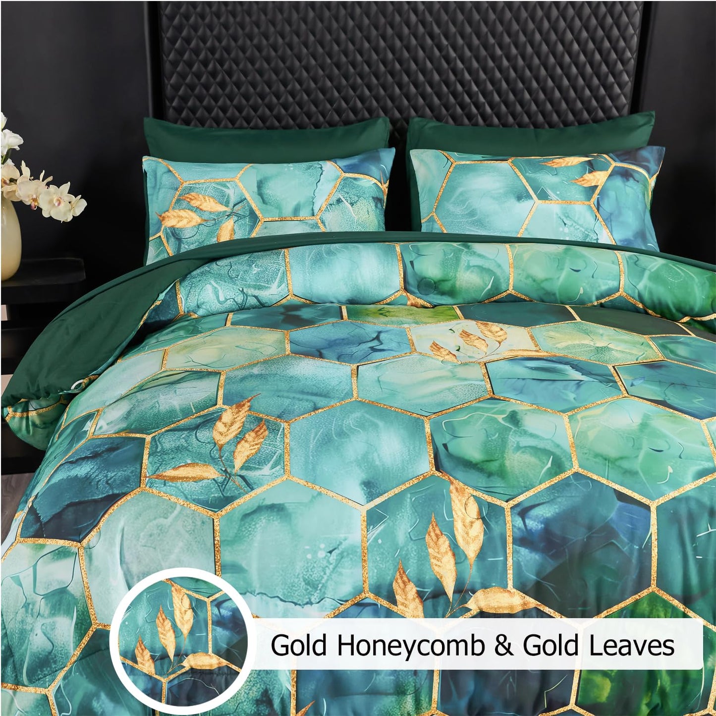 ANGIYUIN 7Pcs Teal Green Marble Comforter Set Full Watercolor Gold Bedding Set Geometric Honeycomb Printed Bed Sets Luxury Gold Leaves Bed in A Bag for Women Men(Full Teal Green)