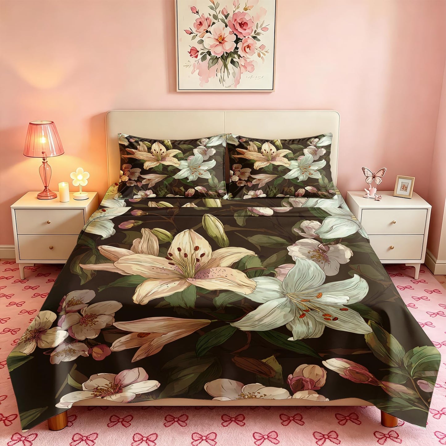 Lily Floral Sheet Set, 4 Pcs Queen Size Botanical Bed Sheets