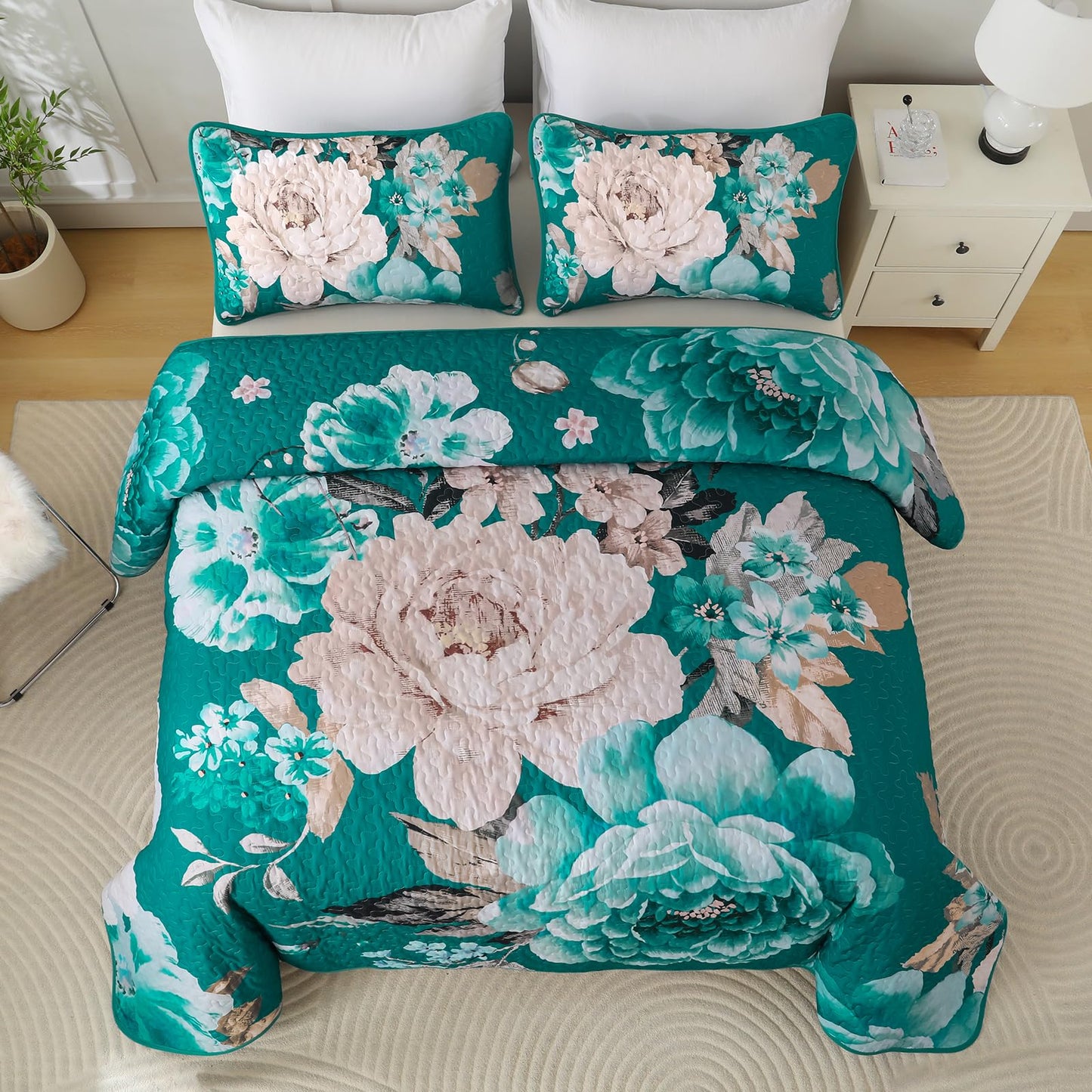 WONGS BEDDING Teal Boho Floral Quilt Set Queen, Elegant Flower Bedspread Coverlet Set for All Season, 3 Pieces Farmhouse Lightweight Reversible Bedding Set with 2 Pillow Shams 96"X90"