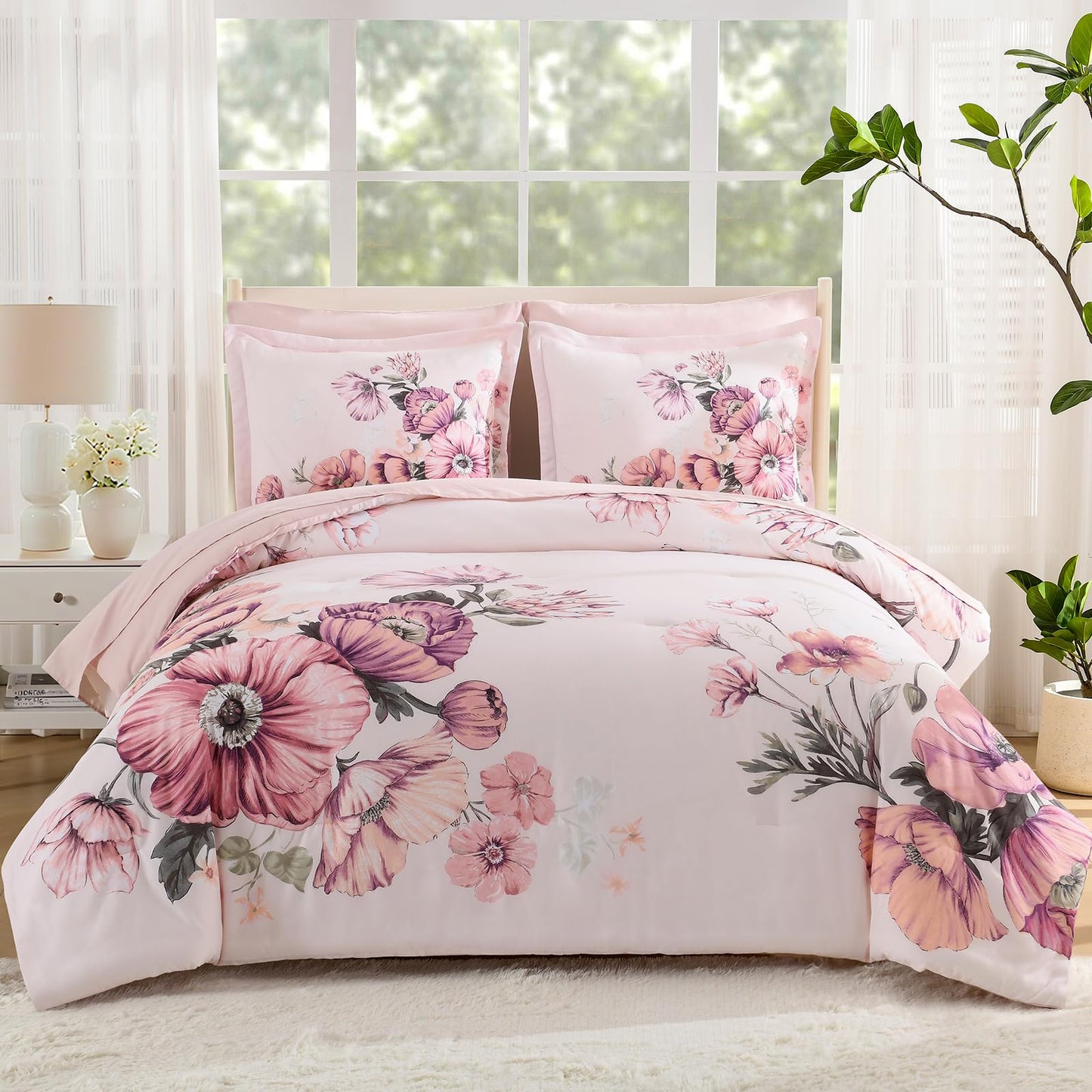 LLDSYW King Size Comforter Set - 7 Pieces Floral Comforter and Sheet Set, Pink King Size Bed in a Bag, Soft Microfiber Flower Complete Bedding Set for All Seasons（Pink,104"x90"）